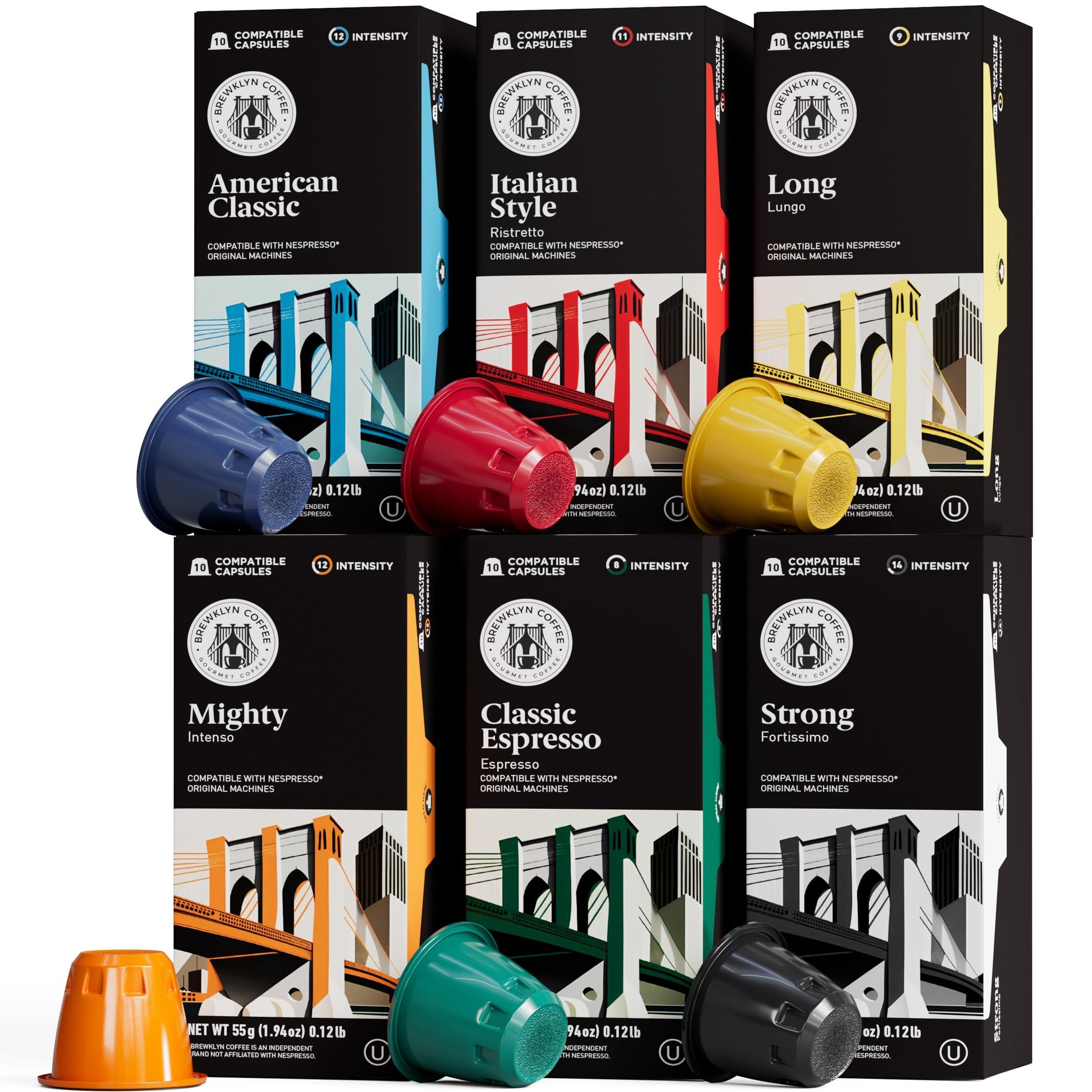 BREWKLYN COFFEE for Nespresso OriginalLine Machine 120 pods Certified Genuine Espresso Variety Pack, Italian Espresso Coffee, 12
