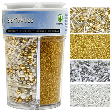 Sprinkles For Cake Decorating, Gold Sanding White Pearl Silver Jimmies Sprinkles Mix For Ice Cream Brownie Cookie Cupcake Baking
