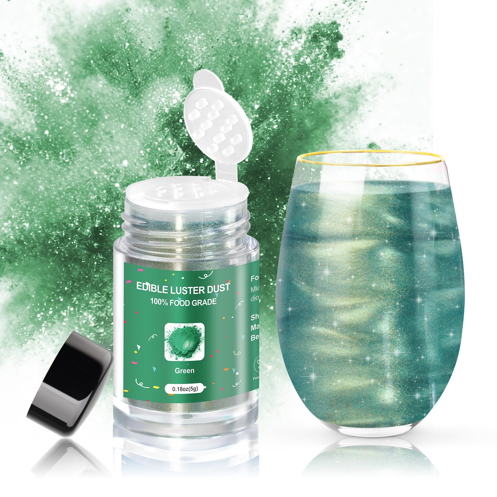 CRPTHE Green Luster Dust Edible 5g, Edible Glitter for Drinks, Food Grade Glitter Shimmer Sprinkle Powder for Cocktails, Baking,