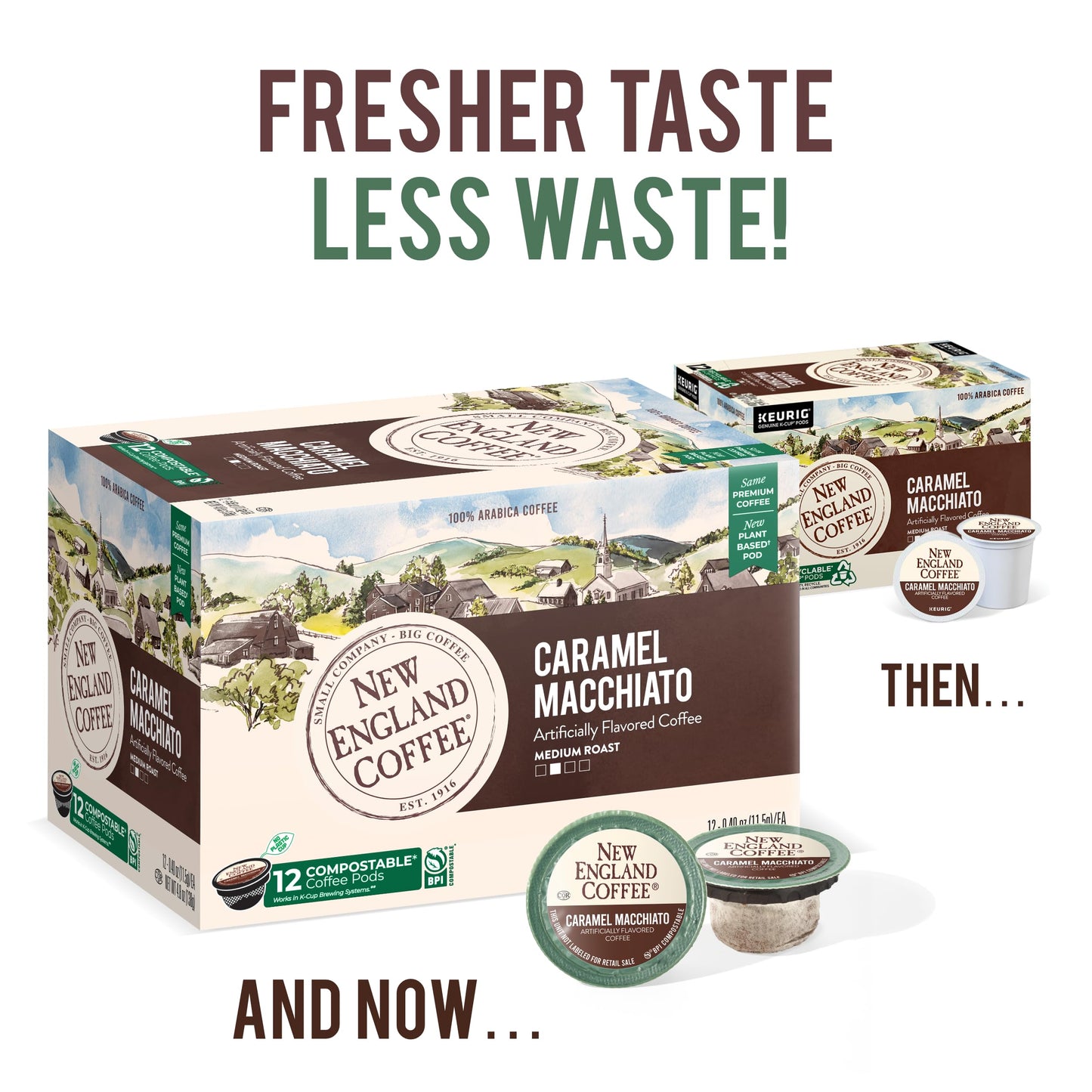 New England Coffee Caramel Macchiato Medium Roast Single Serve Pods, 12 Count Box, Ideal for Quick Coffee Fixes