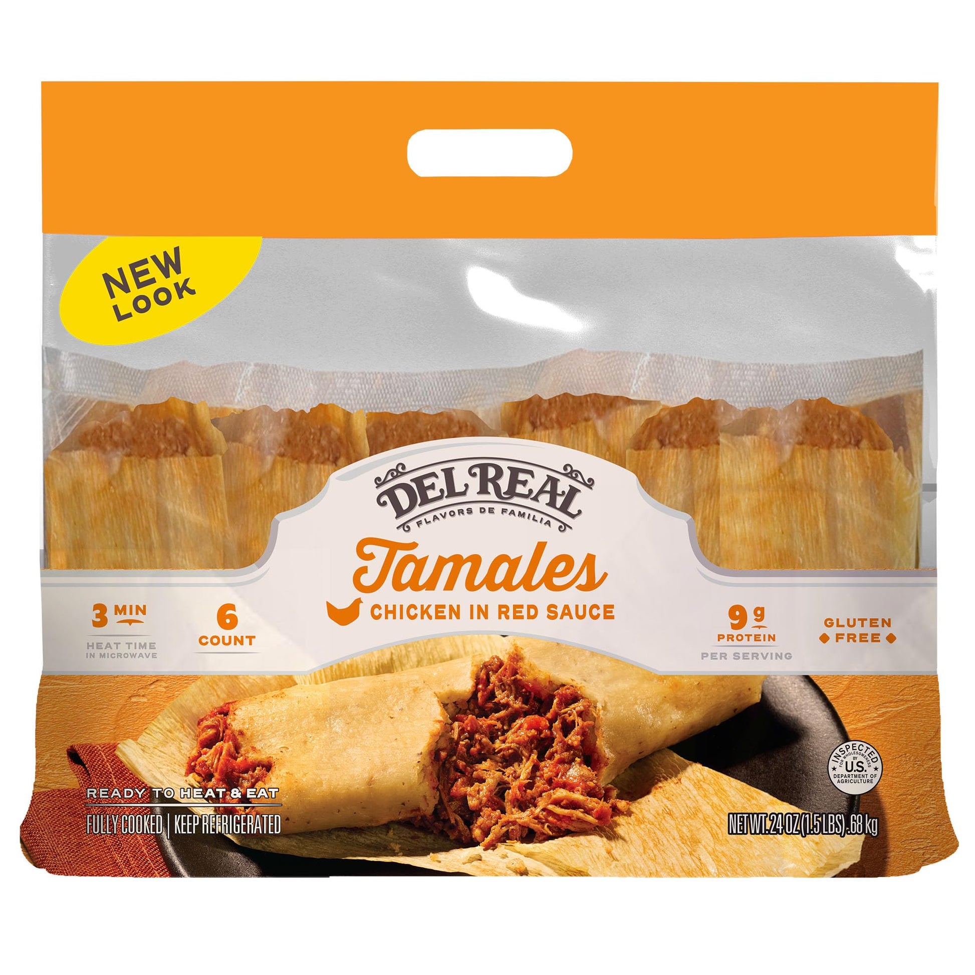 Del Real Foods Chicken Tamales in Red Sauce, 6 Count (24 oz) | Authentic Mexican, Ready to Eat, Heat & Serve Hand-Wrapped Corn M