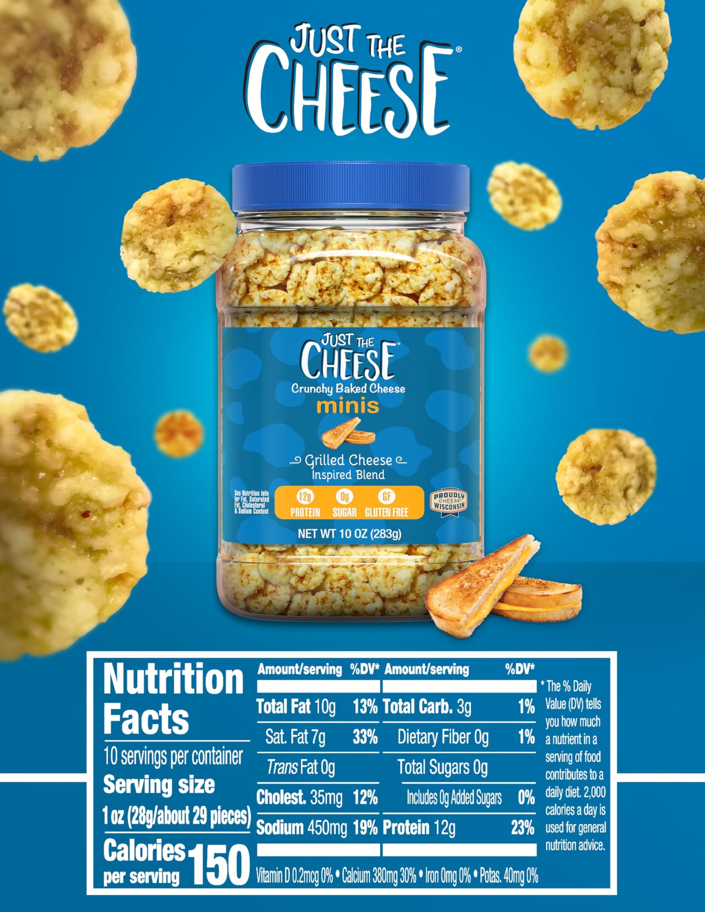 Just the Cheese Minis - Grilled Cheese Crisps  10 oz Jar  Delicious Low-Carb Lifestyle Protein Chips  High-Protein  Gluten-Free Crisps  Keto-Friendly  Zero Sugar  Perfect Snack for mature-themeds
