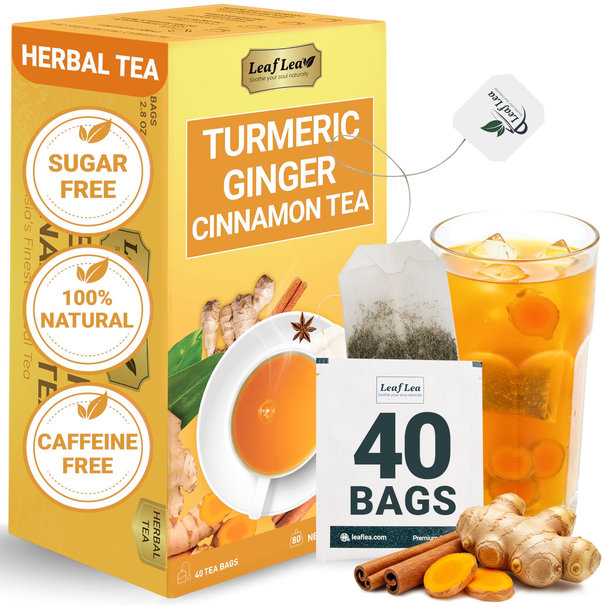 LeafLea Turmeric Ginger Herbal Tea Bags, 100% Natural, Caffeine-Free, 40 Bags, Vegan, Individually Wrapped for Freshness