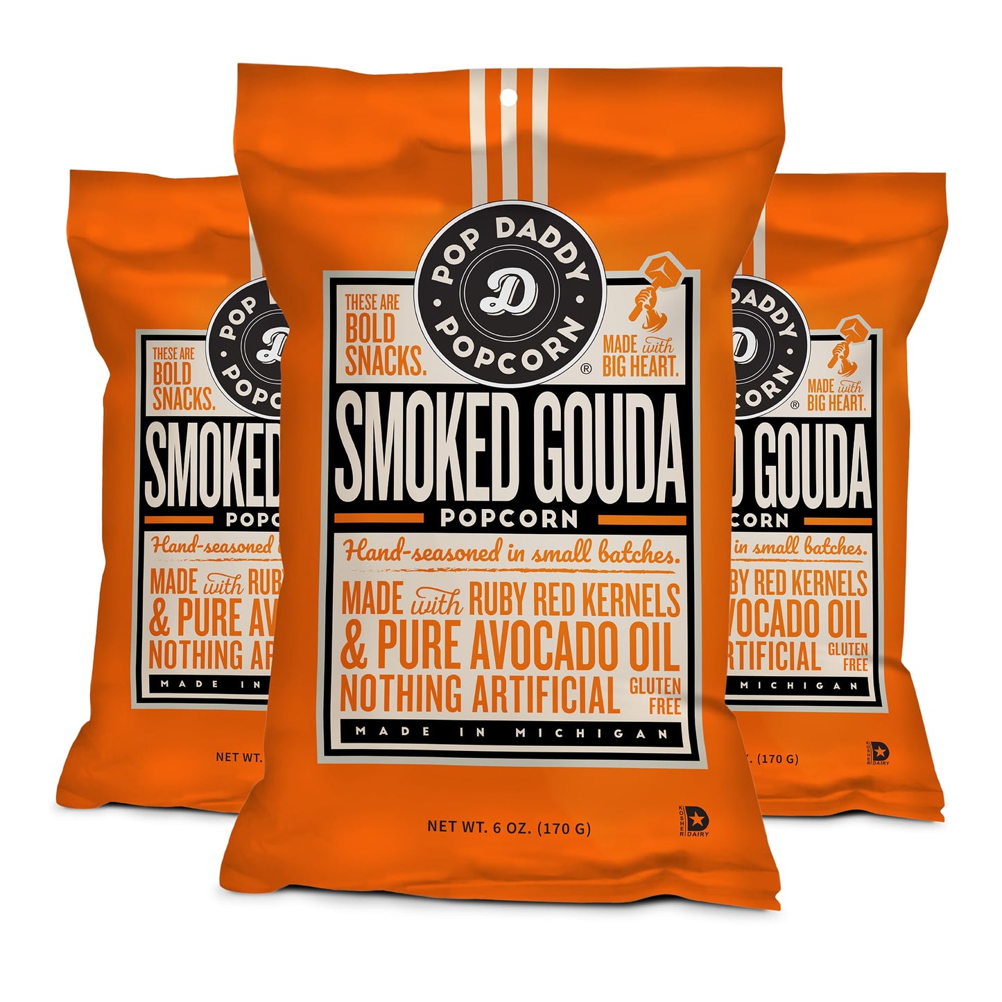POP DADDY Gourmet Flavored Popcorn, Smoked Gouda, Gluten Free, 6oz Bags, 3 Pack