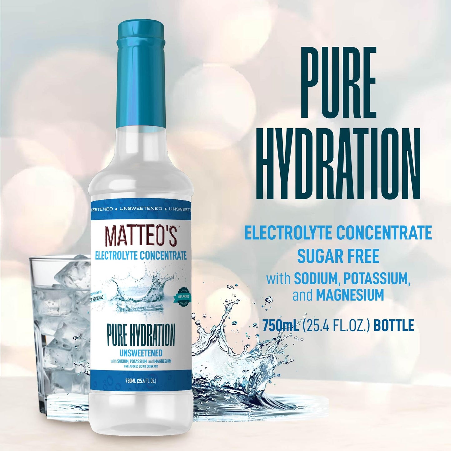 Matteos Electrolyte Drink Concentrate - Sugar-Free, Plain Flavor, 25.4 Fl Oz, Ideal for Workouts and Travel