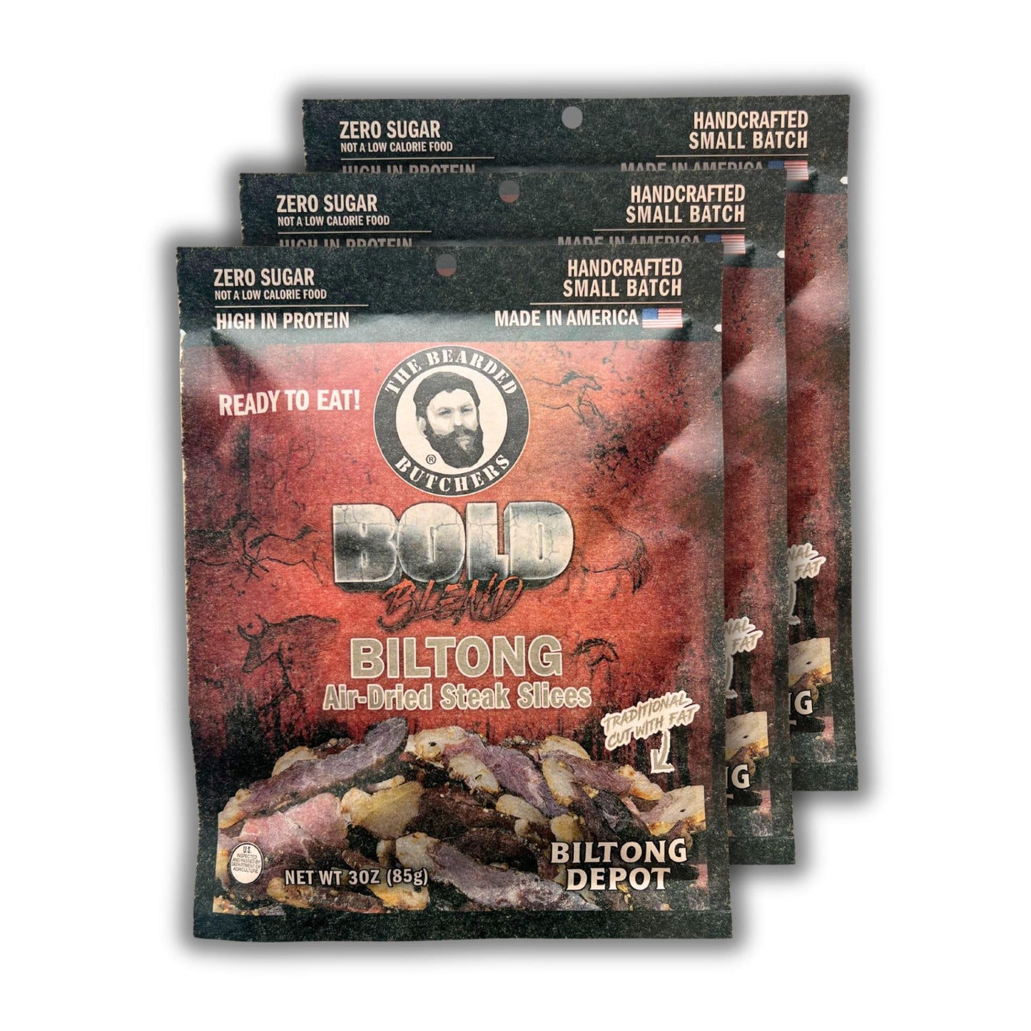 BEARDED BUTCHER BILTONG Air-Dried Beef Snack, High Protein, Zero Sugar, Gluten-Free, 3 oz (Pack of 3)