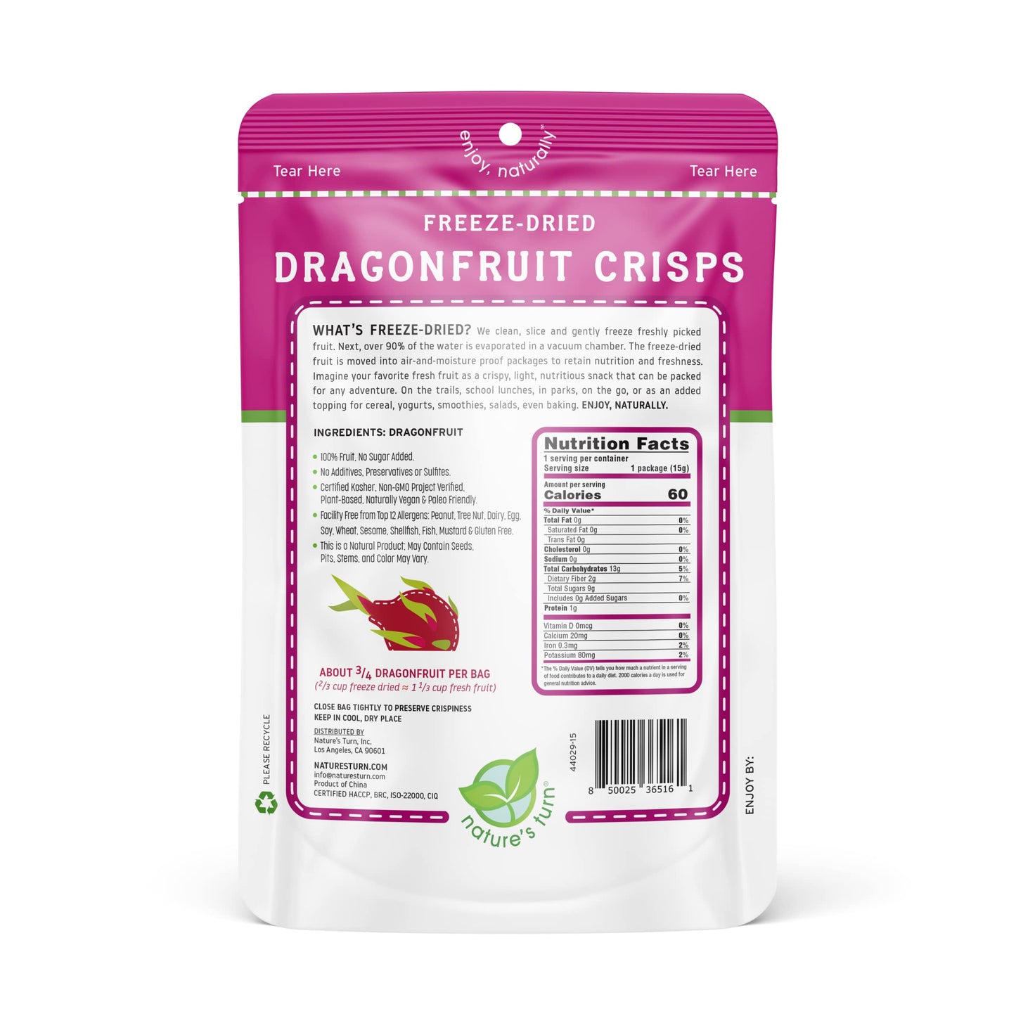 Natures Turn Freeze-Dried Fruit Snacks, Dragon Fruit Crisps, Pack Of 6 (0.53 Oz Each)