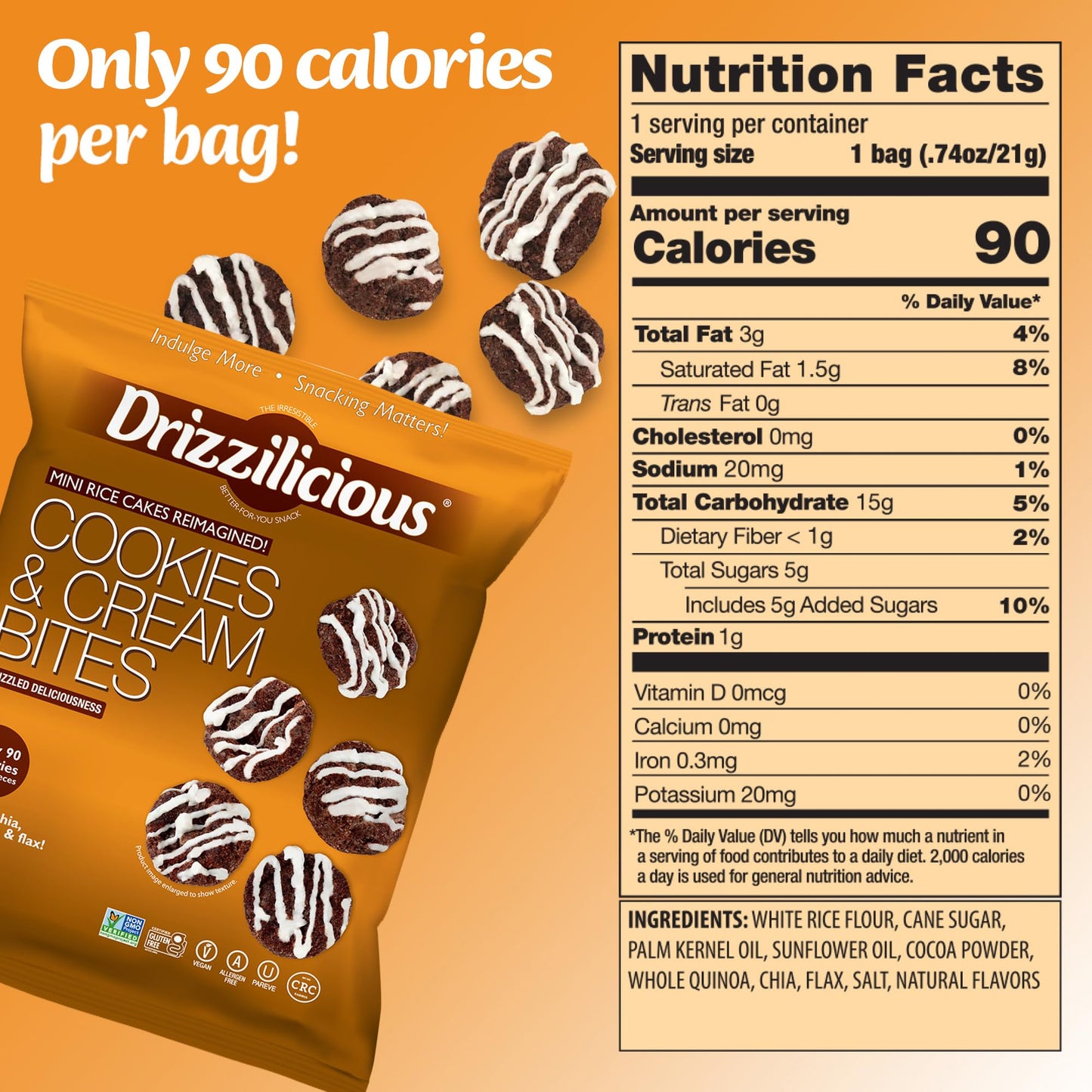 Drizzilicious Mini Rice Cakes Cookies & Cream, Vegan, Gluten Free, 0.74 oz (Pack of 10)