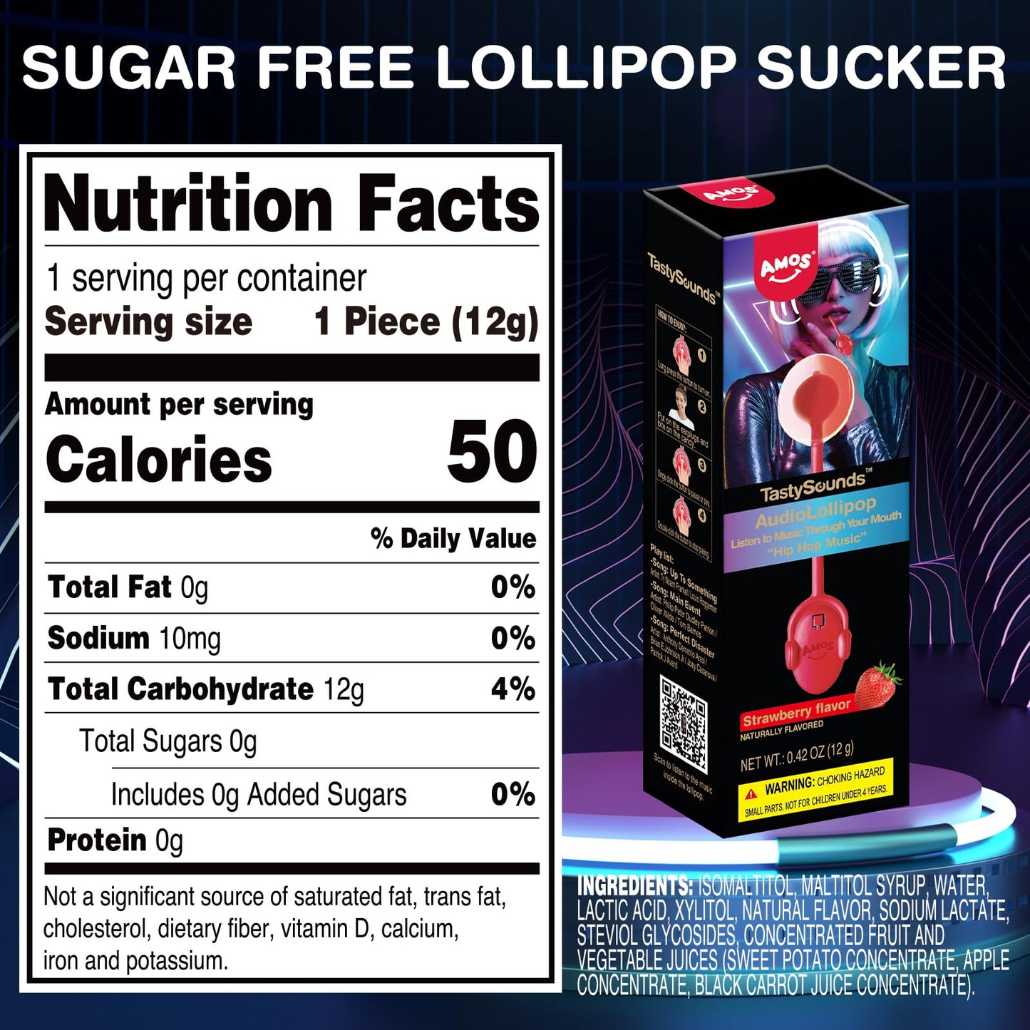Amos Music Lollipop Candy Suckers Strawberry Flavor, Audio Singing Lollipop Sugar Free, Unique Lover Gift
