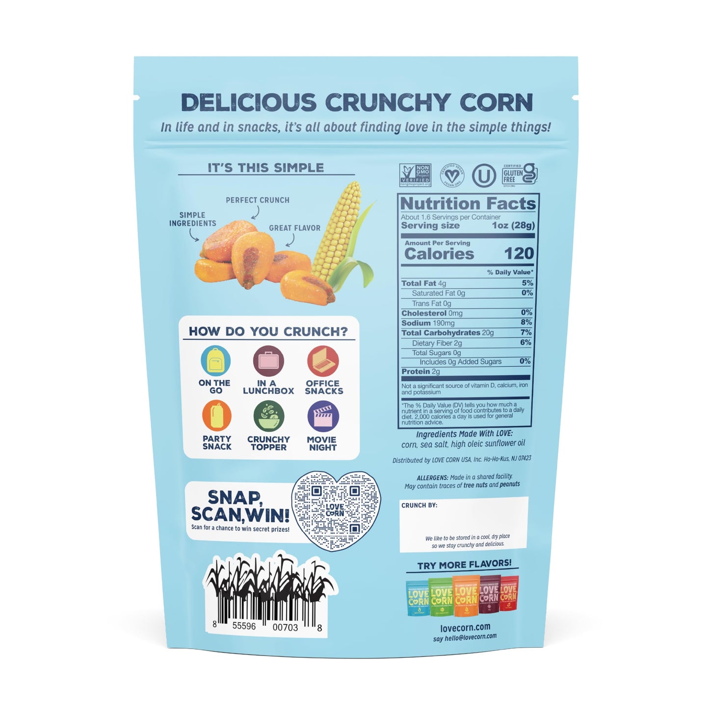 LOVE CORN Sea Salt 4oz x 1 bag - Delicious Crunchy Corn - Healthy Family Snacks - Gluten Free, Kosher, NON-GMO - Alternative for