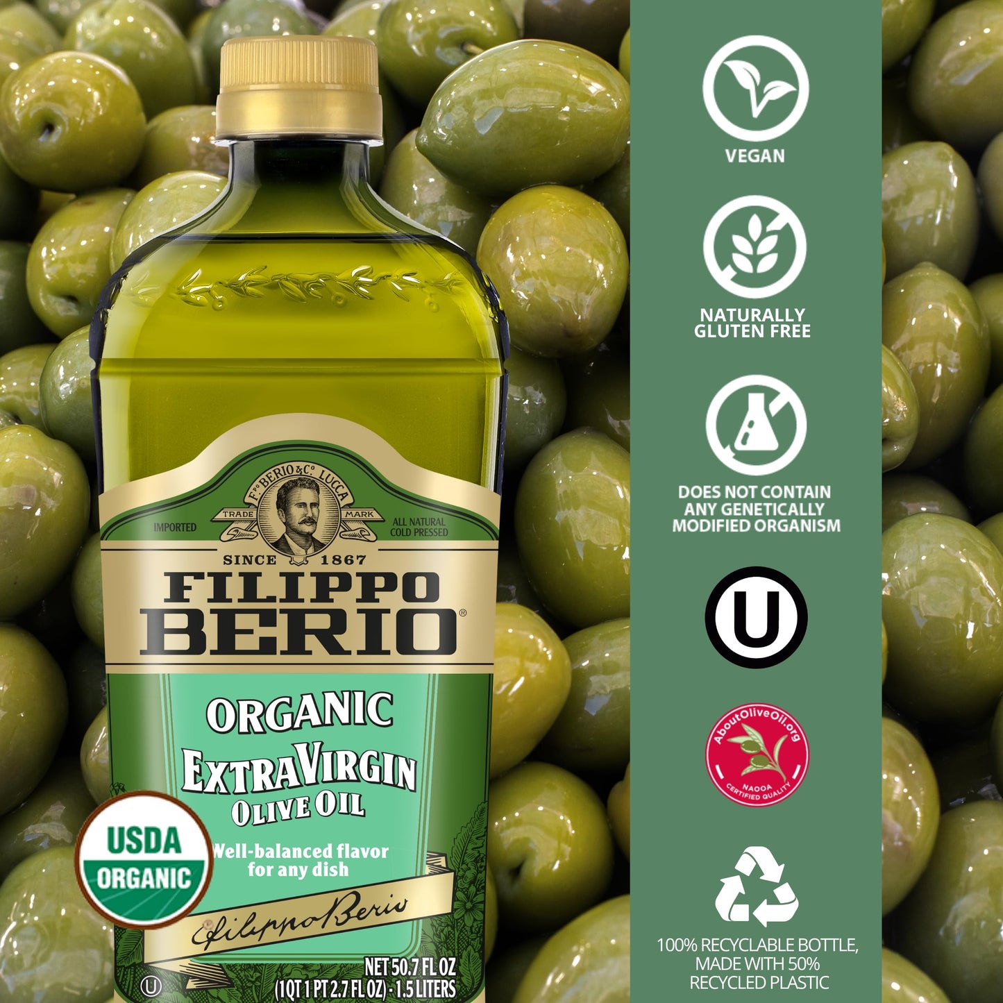 Filippo Berio Organic Extra Virgin Olive Oil, 50.7 Ounce Rpet Bottle