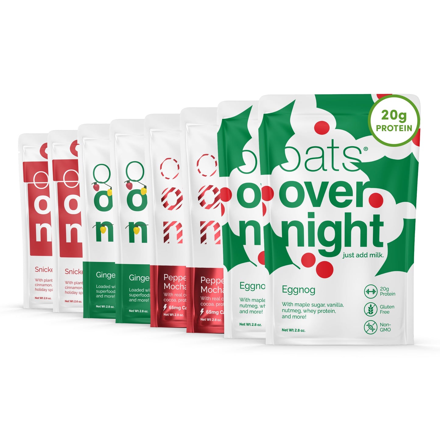 Oats Overnight Holiday Variety Pack - 20g Protein, 5g Fiber Oatmeal - 8 Pack, Gluten Free, Non-GMO, Snickerdoodle & Gingerbread