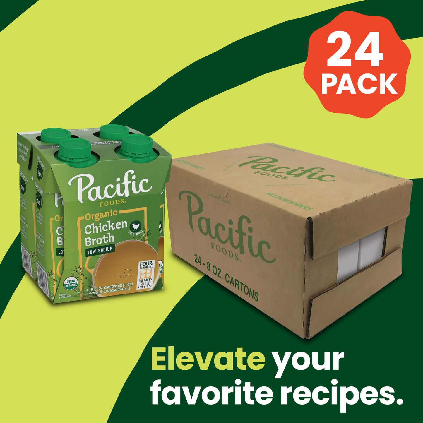 Pacific Foods Low Sodium Organic Free-Range Chicken Broth, 8 Oz Carton (4 Pack) (Case Of 6)