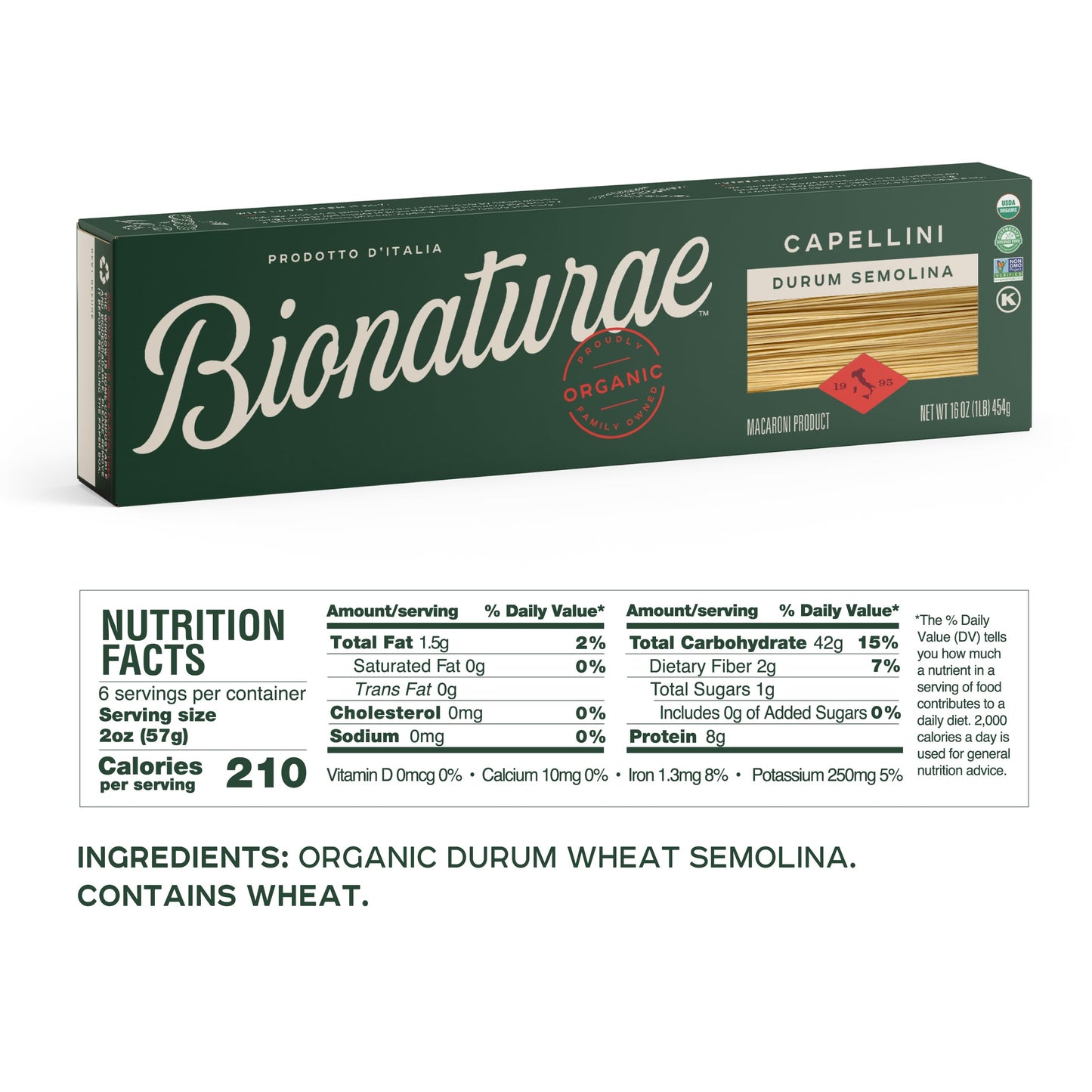Bionaturae Capellini Pasta Noodles - Durum Semolina Pasta, Kosher, High Protein, Non-Gmo, Usda Certified, Durum Semolina Capelli