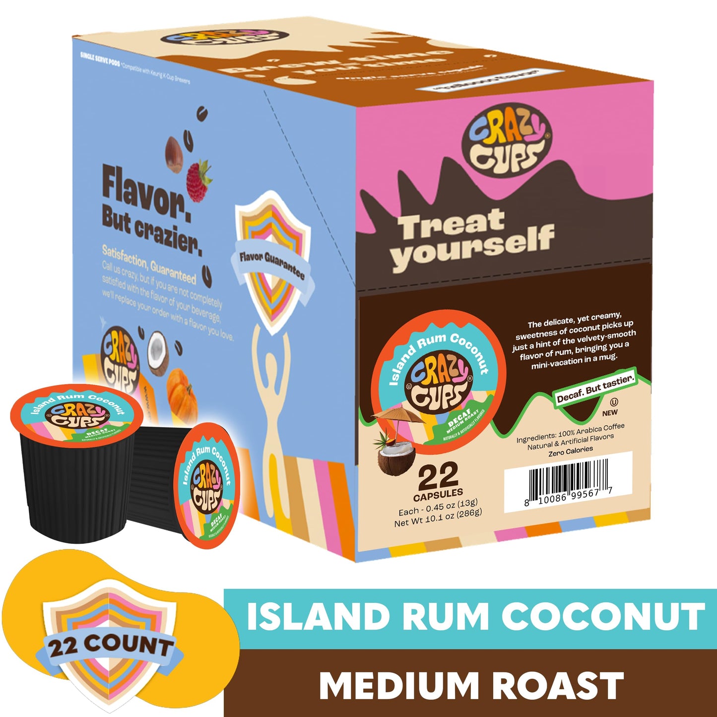 Crazy Cups Decaf Flavored Coffee Pods, Island spirit-inspired flavor Coconut, 22 Count, Compatible with K Cup Keurig Machines