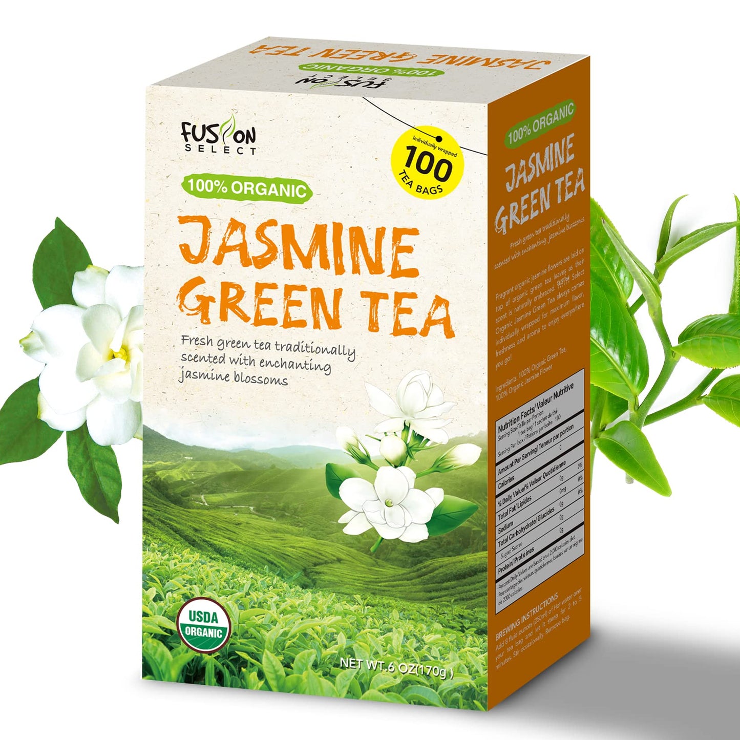 Fusion Organic Jasmine Green Tea - Fresh & Relaxing 100 Jasmine Tea Bags Blend Traditionally Scented with Jasmine Blossoms, Refr