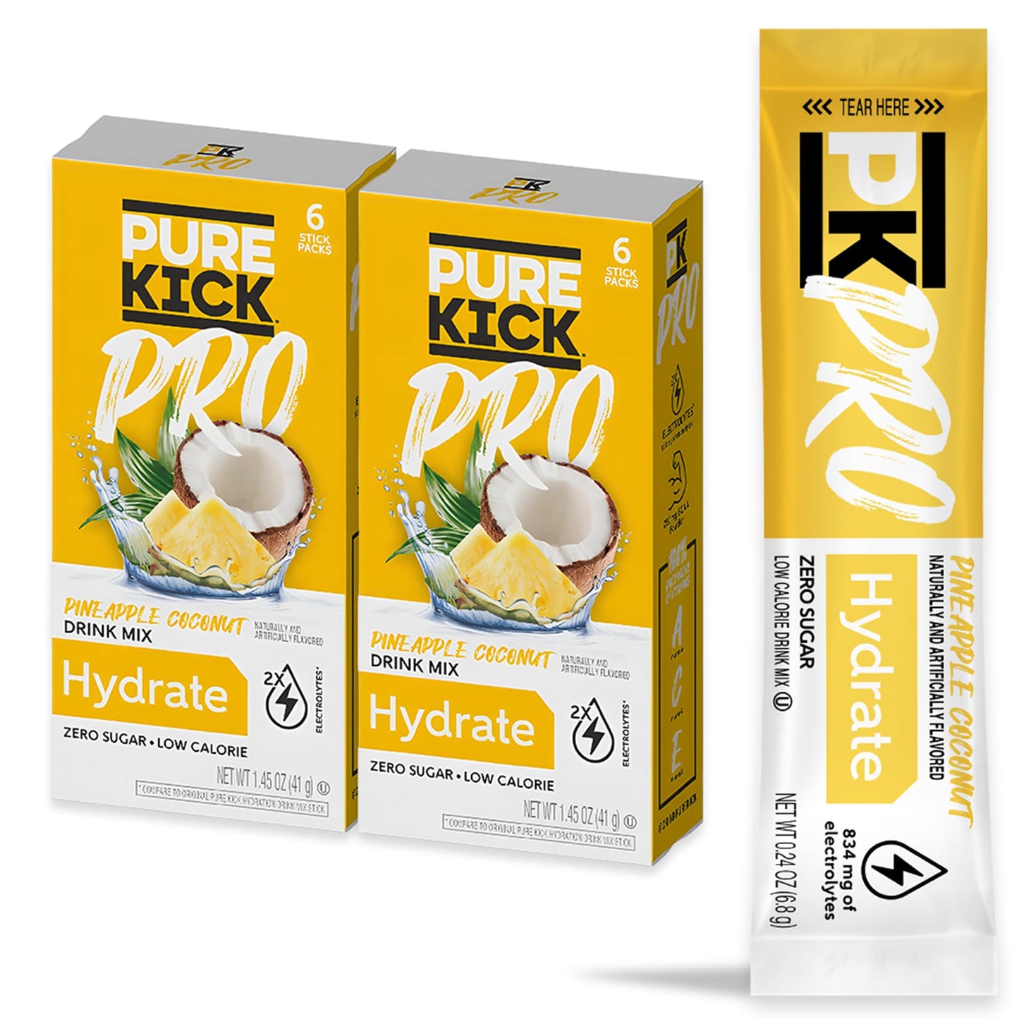 Pure Kick Pro Pineapple Coconut Powdered Drink Mix - Pack of 2 - Zero Calorie - Low Sugar - Hydrate - 2 Times the Electrolytes -