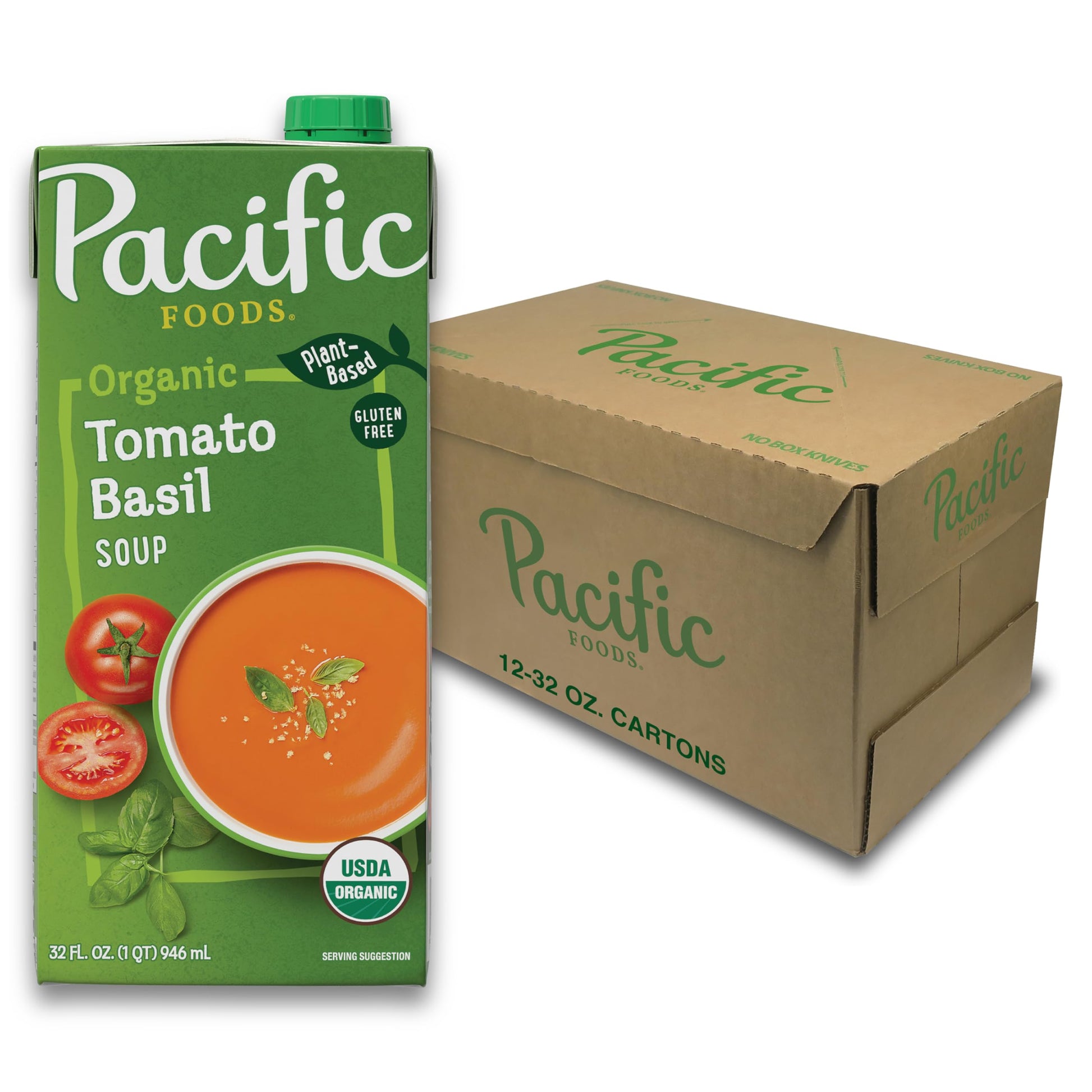 Pacific Foods Organic Tomato Basil Soup, Plant Based, 32 oz Carton (Pack of 12)