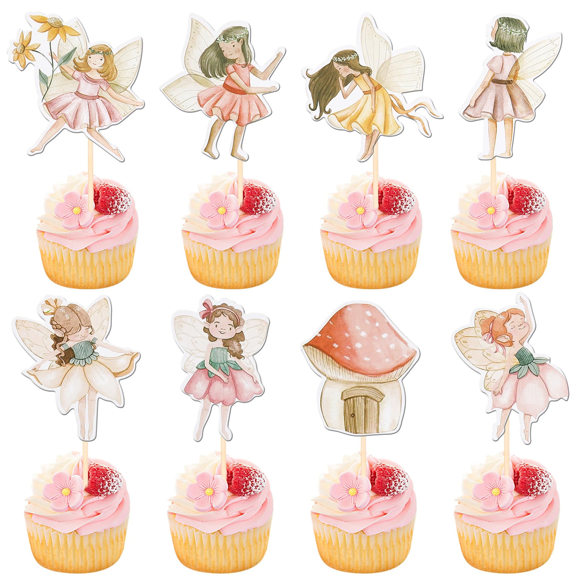 ZHUOWEISM Fairy Cupcake Toppers, 40 PCS Double-Sided Mushroom House & Angel Design, Paper, for Baby Showers & Birthday Parties