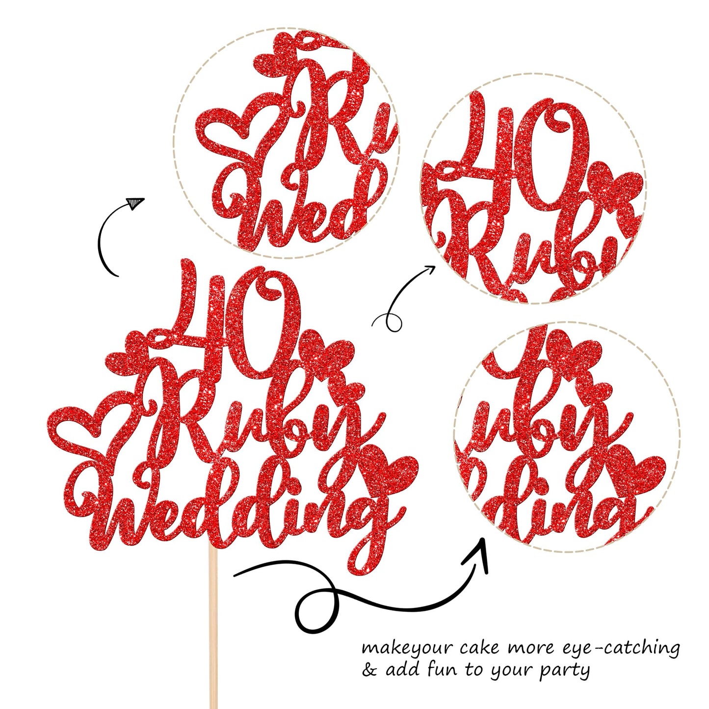 25 Pcs 40Th Anniversary Cupcake Toppers With Ruby Wedding Cake Topper Red Glitter Heart Cupcake Picks For 40Th Wedding Anniversa