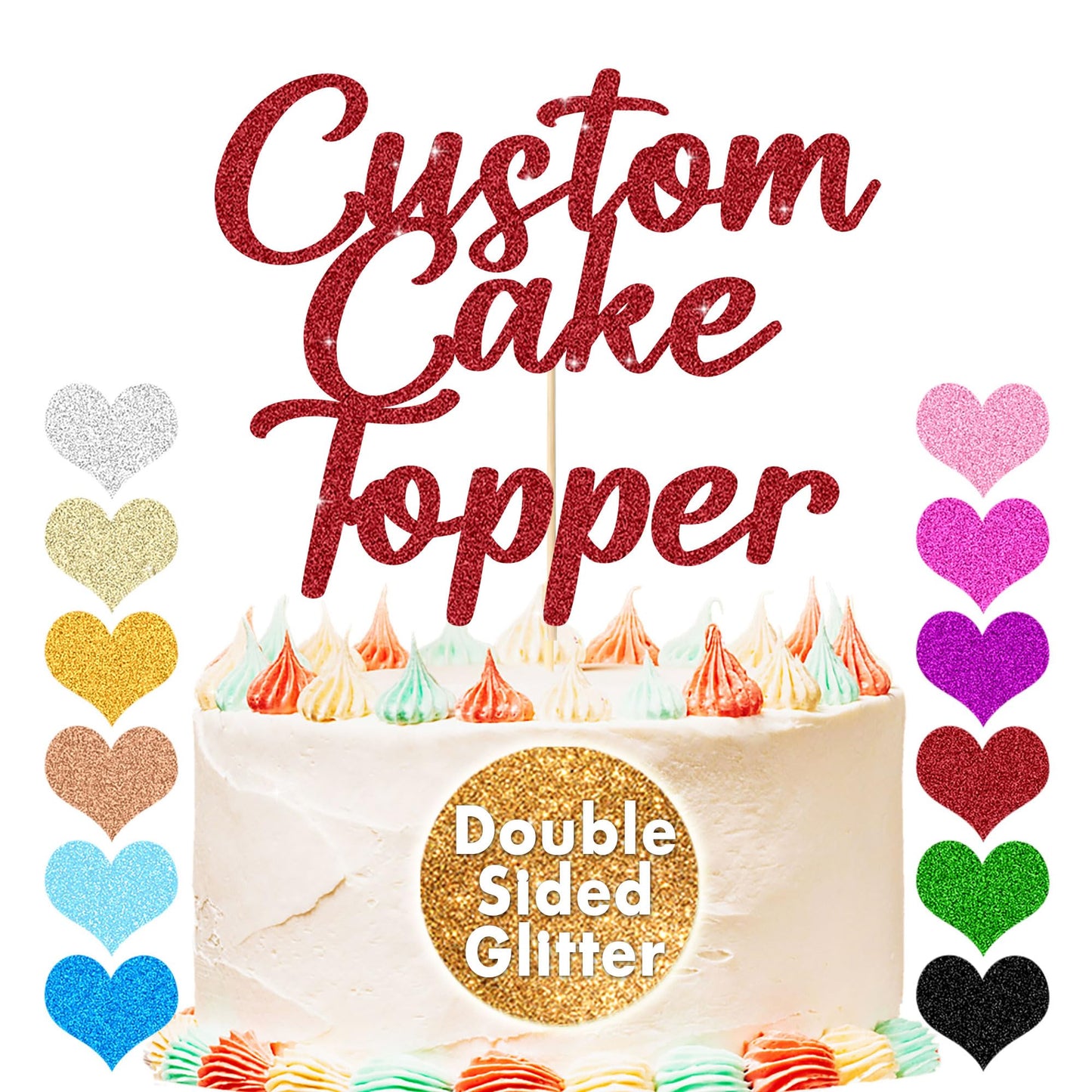 EDSG Personalized Cake Toppers, Custom Happy Birthday & Wedding, 7x4.7, Red, Plastic, Glitter Decorations for Graduation & Baby Shower
