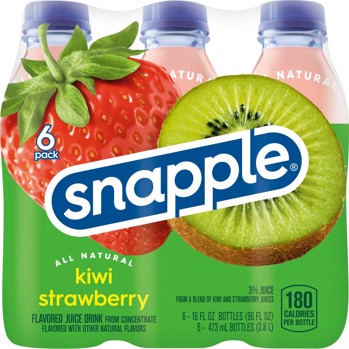Snapple Kiwi Strawberry Juice Drink, 16 fl oz recycled plastic bottle, 6 pack