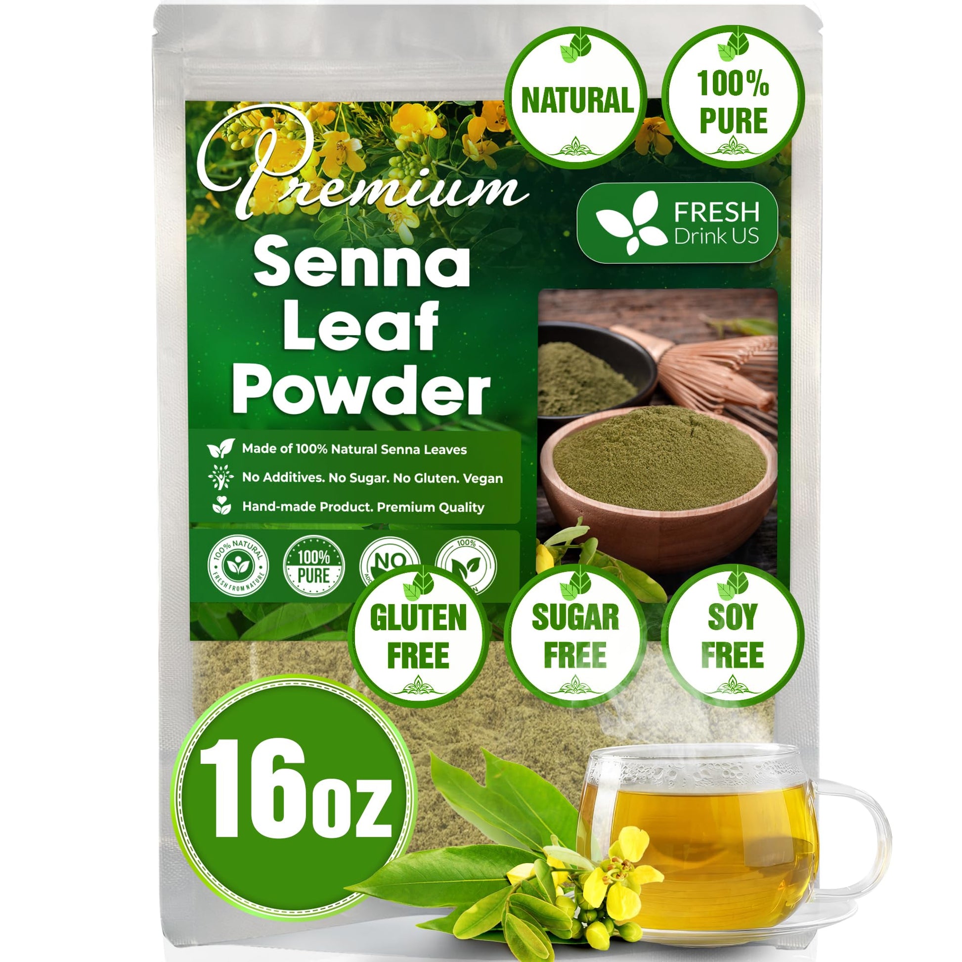 FRESHDRINKUS Senna Leaf Powder, 100% Natural, Vegan, 16oz, No Additives, Gluten-Free, Sugar-Free