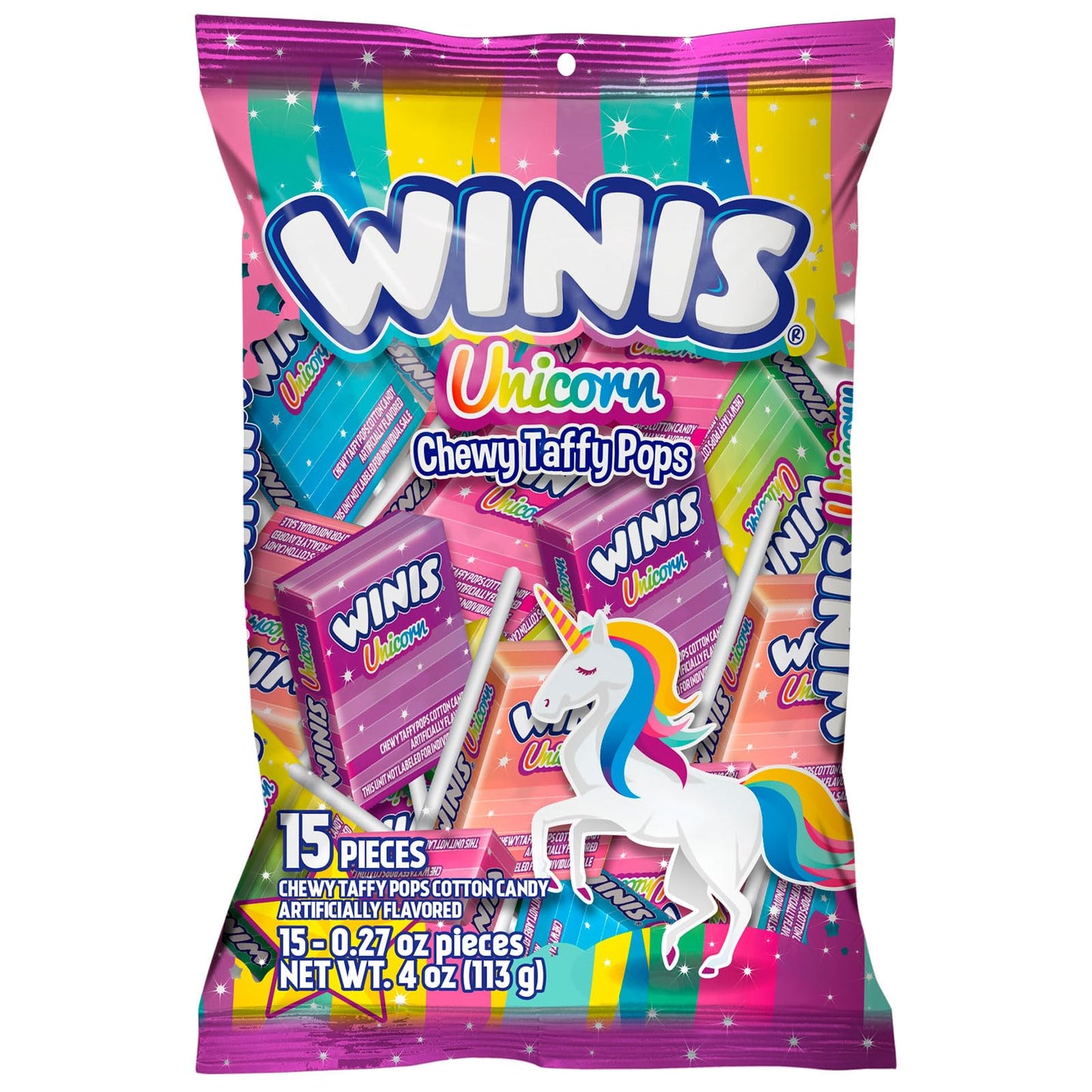 Winis Unicorn | Chewy Taffy Pops | Cotton Candy Flavored | Sharing Size 4.3 Oz Bag - 15 Pieces