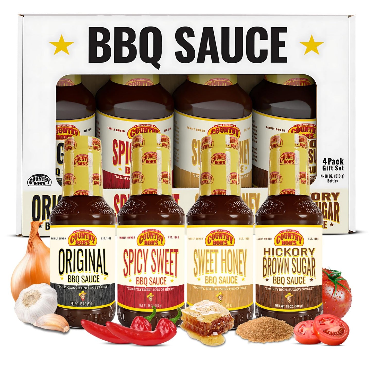 Country Bob's BBQ Sauce Variety Pack - Spicy Sweet, Original, Hickory & Brown Sugar, Sweet Honey, Savory Marinades for Grilling,