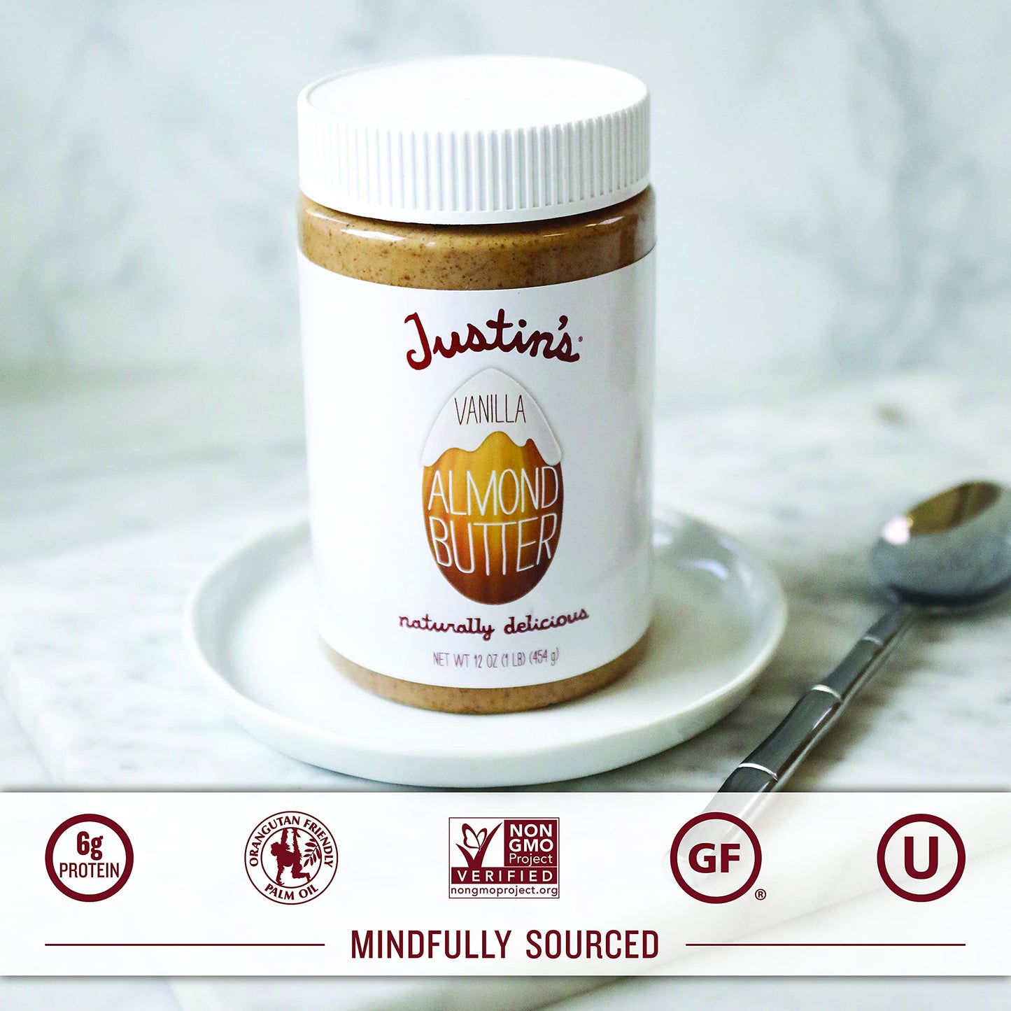 Justins Vanilla Almond Butter gluten-free Non-gMO Vegan Sustainably Sourced 16 Ounce Jar