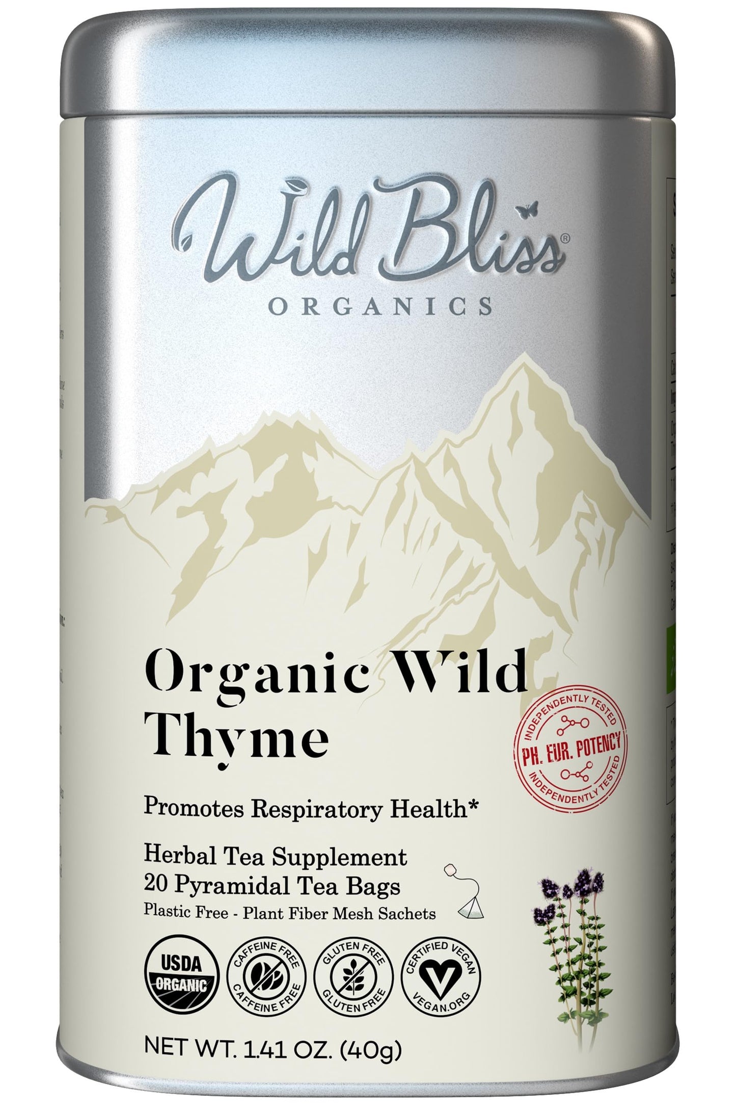 Wild Bliss Organic Wild Thyme Tea - Caffeine Free Herbal Support - 20 Plant Based Tea Bags