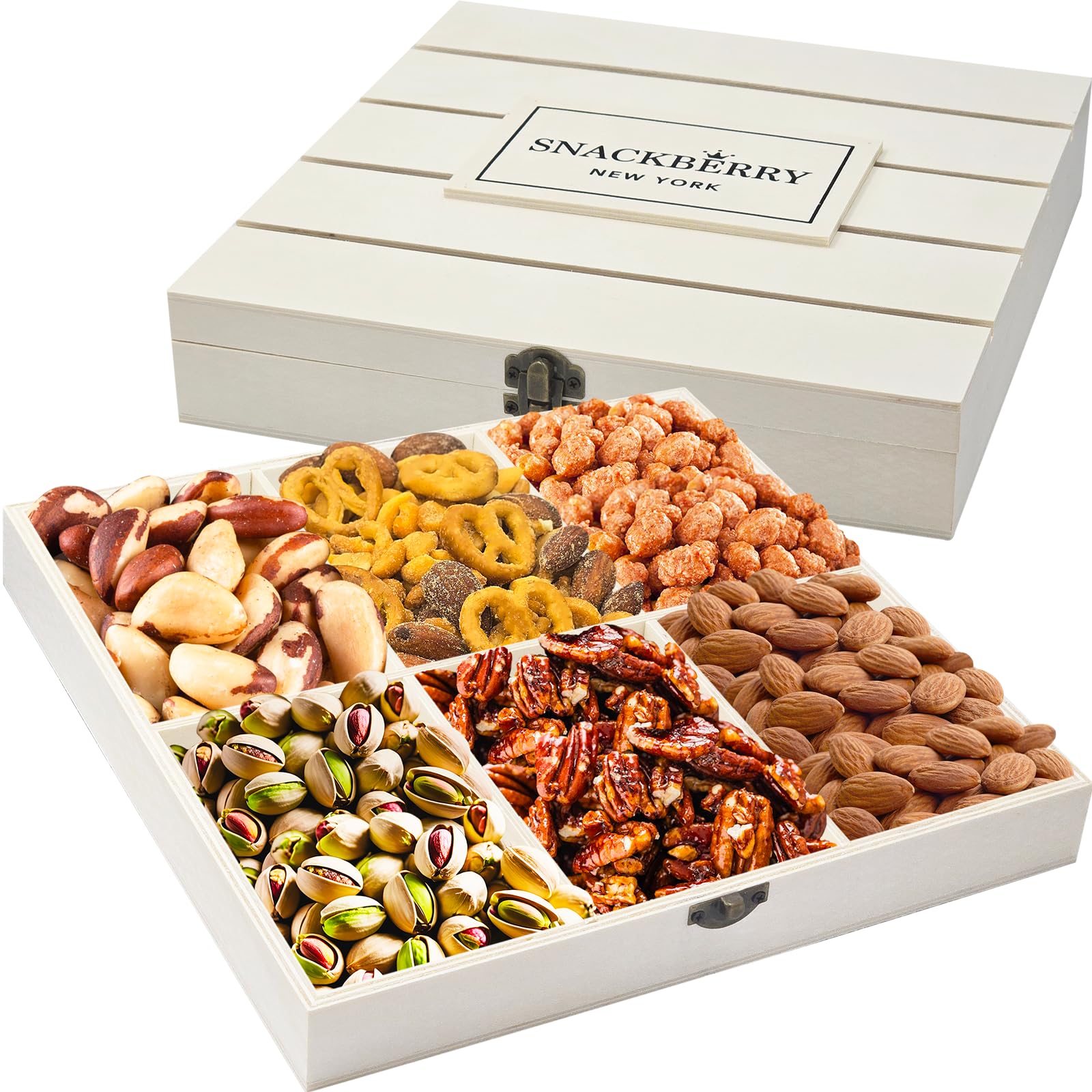 Enhanced Wooden Mixed Nuts Gift Basket, Gourmet, Snack Box, Gift Set For Birthday Party, Sympathy, Healthy Gift Snack Box For Men And Women, Snackberry (6 Nut Mix Variety) (Single)