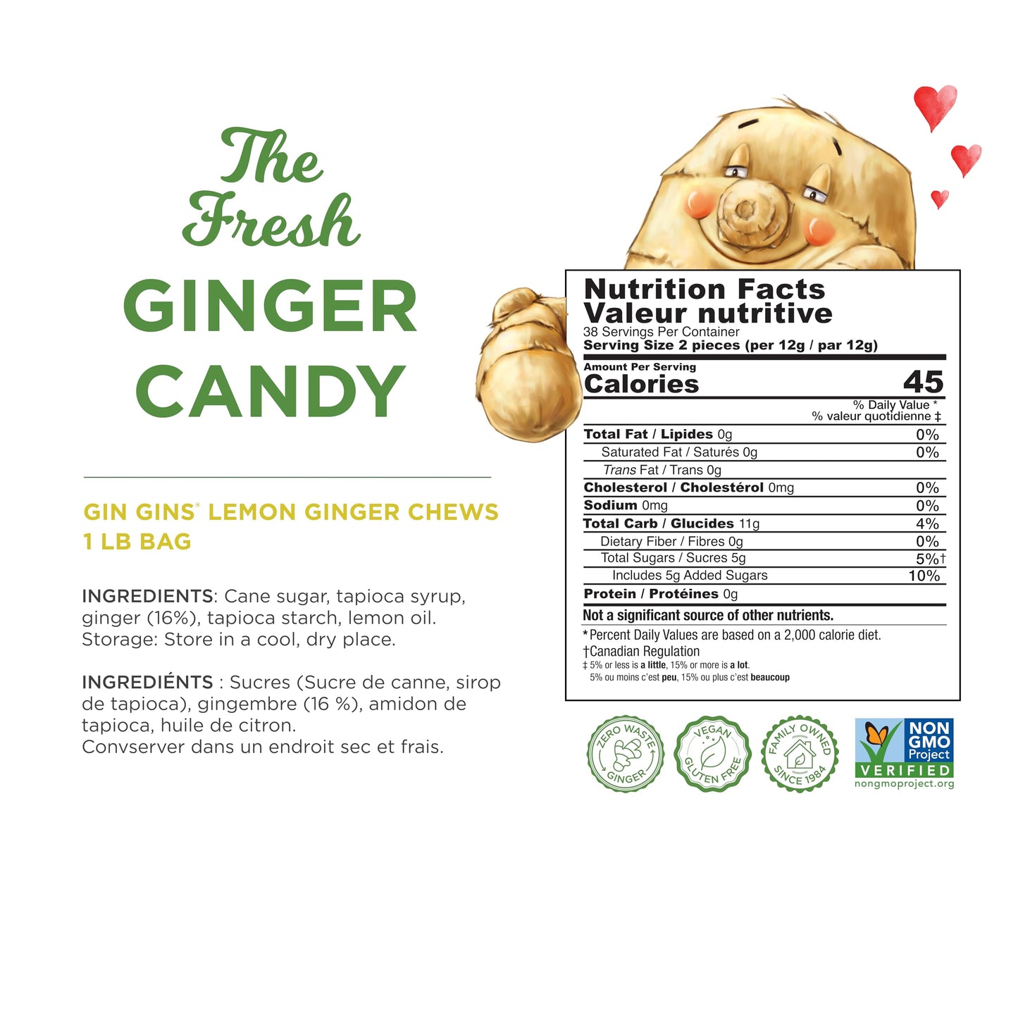 The Ginger People GIN GINS Lemon Ginger Chews - Natural Candy, 1 lb Bag, Individually Wrapped, Lemon Flavor