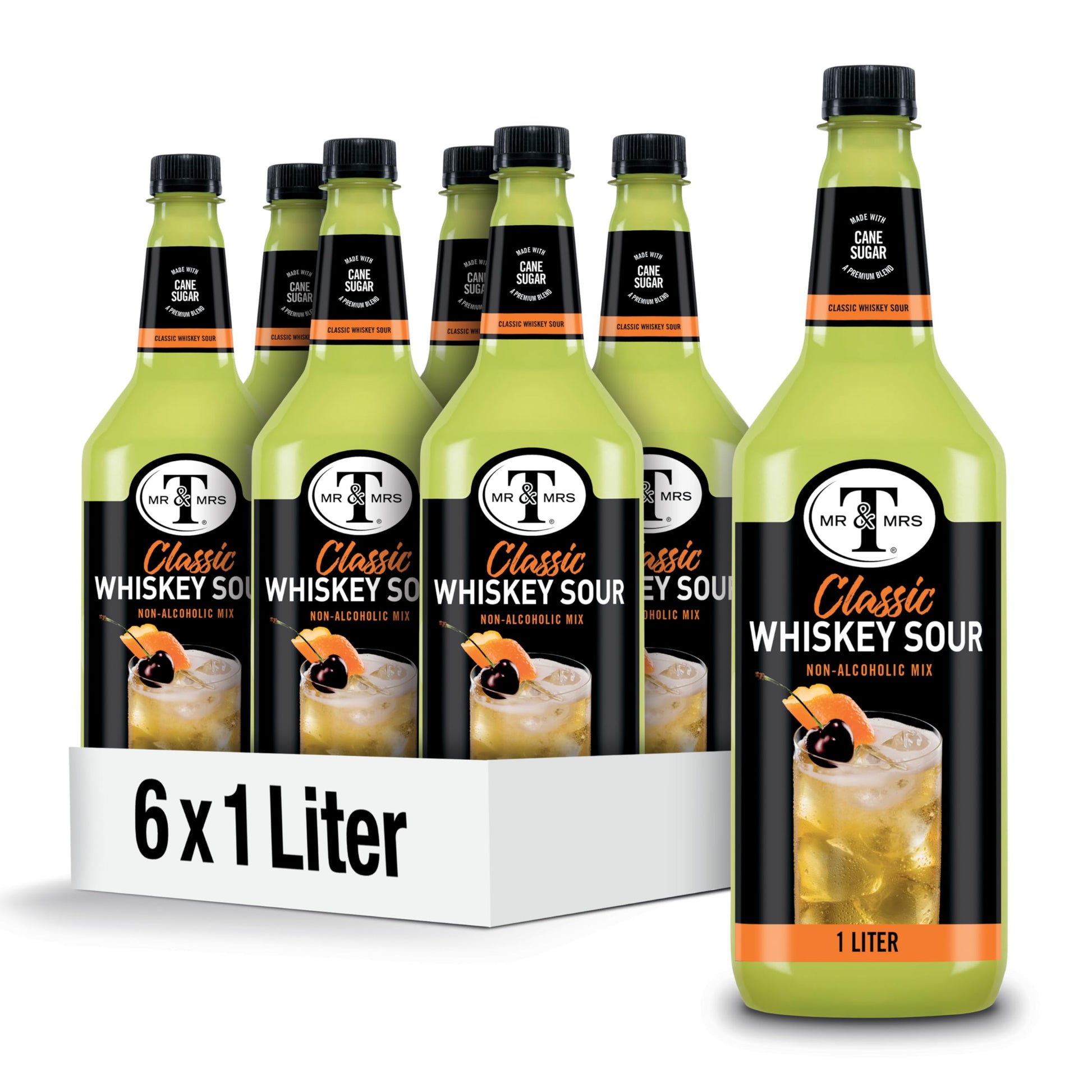 Mr & Mrs T Whiskey Sour Mix Cocktail Mixer, Tart & Sweet Blend, 1 L Bottle (Pack of 6), Perfect for Cocktails and Mocktails
