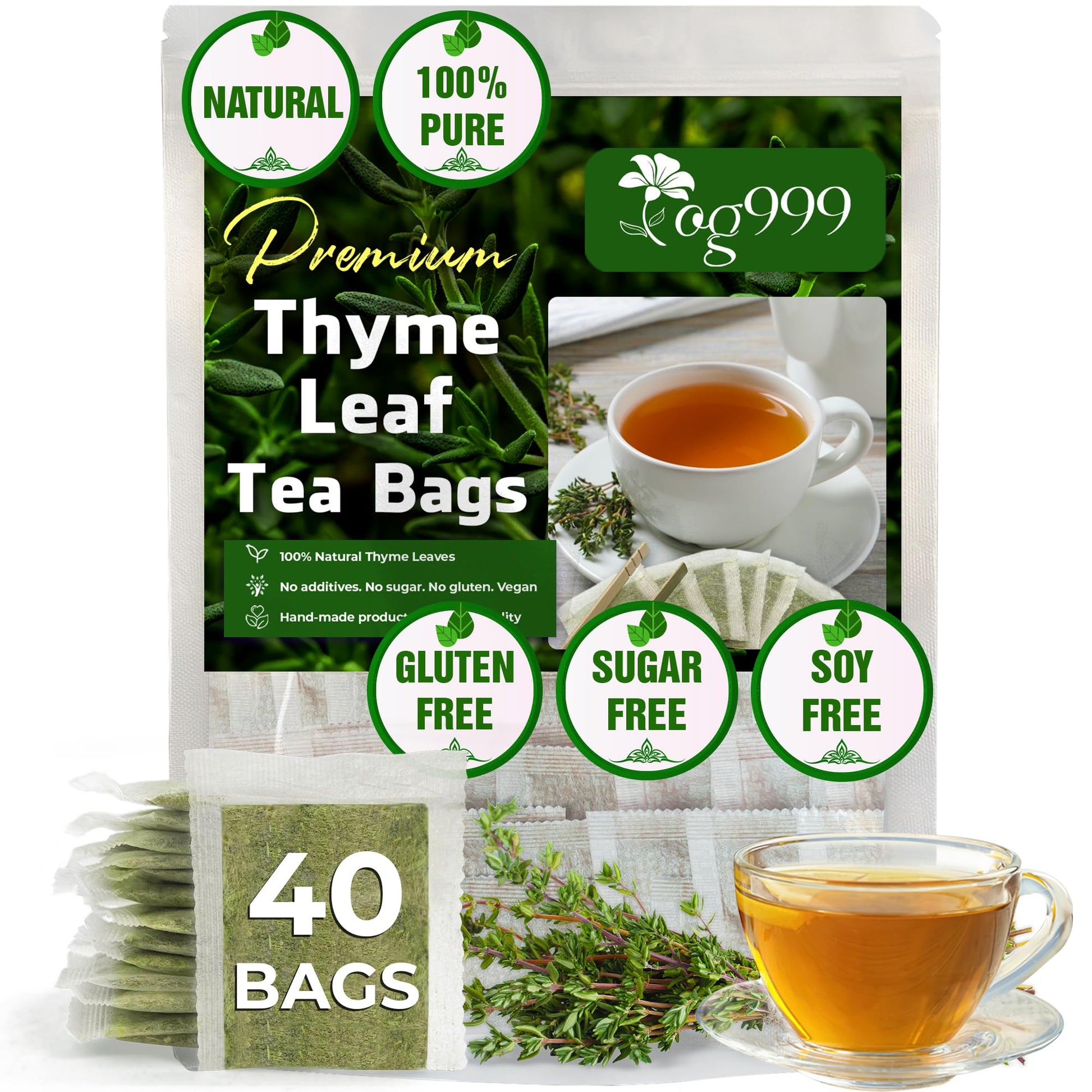 TOG999 Thyme Leaf Herbal Tea Bags, 100% Natural, Vegan, No Sugar, No Caffeine, 40 Bags