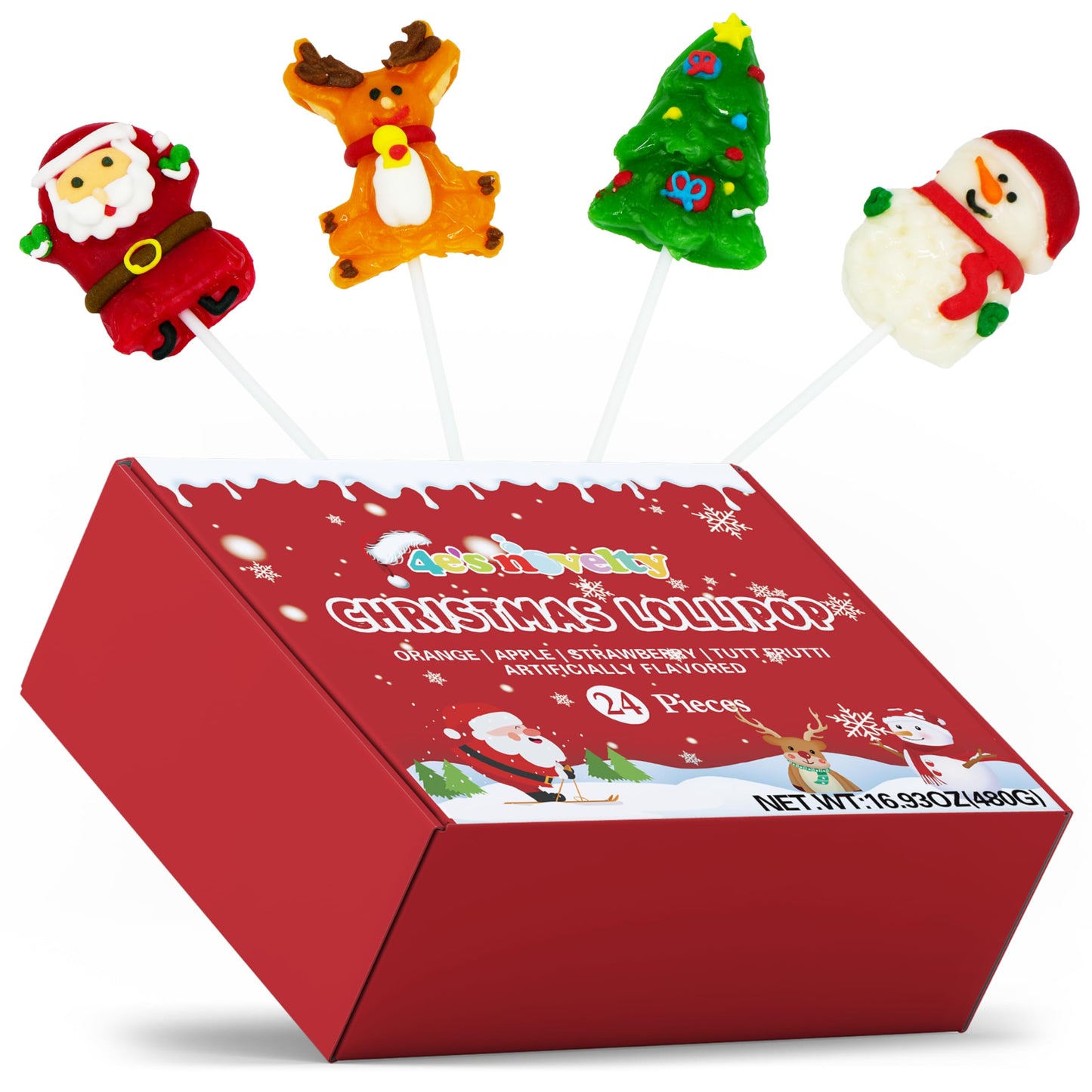 4Es Novelty 24 Pack Christmas Lollipops Santa, Snowman, Reindeer, Tree, Christmas Lollipops Individually Wrapped Bulk, Candy Suckers, Stocking Stuffer Candy For Kids & Mature-Themeds