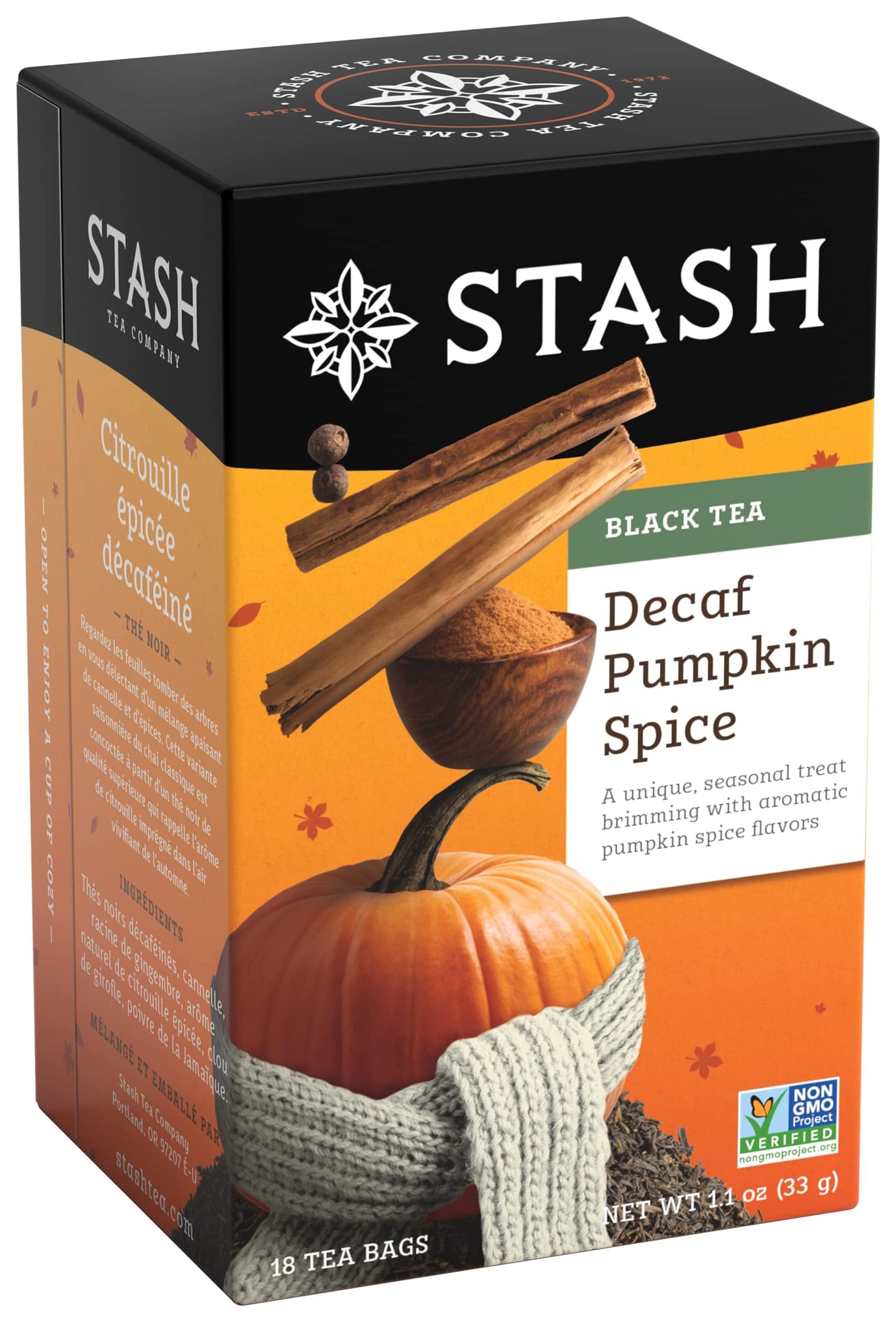 Stash Tea Decaf Pumpkin Spice Black Tea - Decaf  Non-GMO Project Verified enhanced Tea with No Artificial Ingredients  18 Count (Pack of 6) - 108 Bags Total