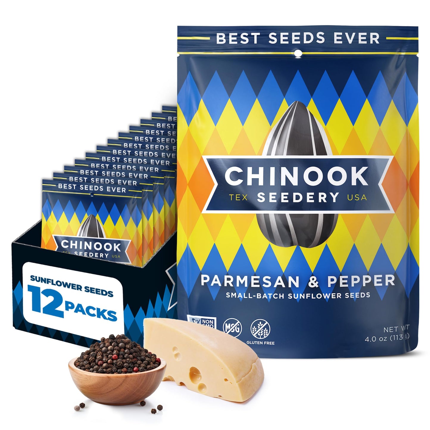 Chinook Seedery Roasted Jumbo Sunflower Seeds - Keto Snacks - Best For Snack Packs - Gluten Free, Non Gmo Snack Food Gifts - 4 Ounce (Pack Of 12) - Parmesan & Pepper Flavor
