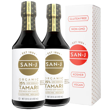San-J - Organic Gluten Free Tamari Soy Sauce With 25% Less Sodium - Specially Brewed - Made With 100% Whole Soy - 20 Oz. Bottles - 2 Pack