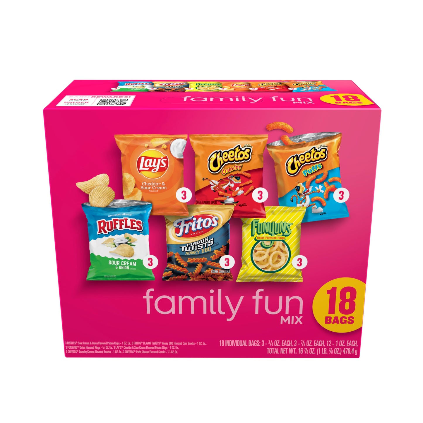 Frito-Lay Snacks Family Fun Mix Chips Variety Pack  Ruffles  Fritos  Cheetos  Lays  Funyuns 18 Count(Pack of 1)(Assortment May Vary)
