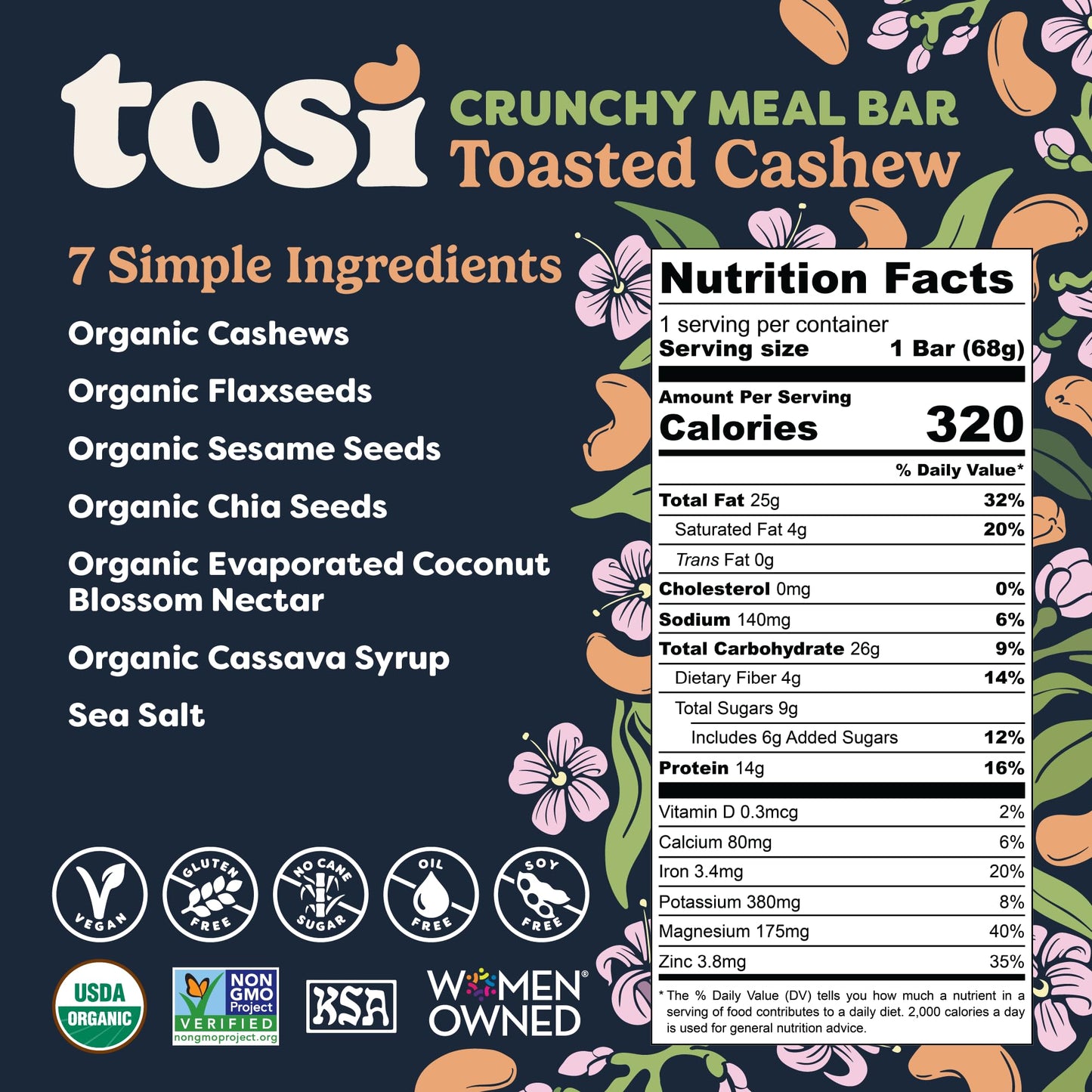 Tosi Meal Bars - Toasted Cashew, Crunchy Nut & Seed Vegan Snack Bars, 14g Plant Based Protein, Organic, Dairy, Soy & Gluten Free