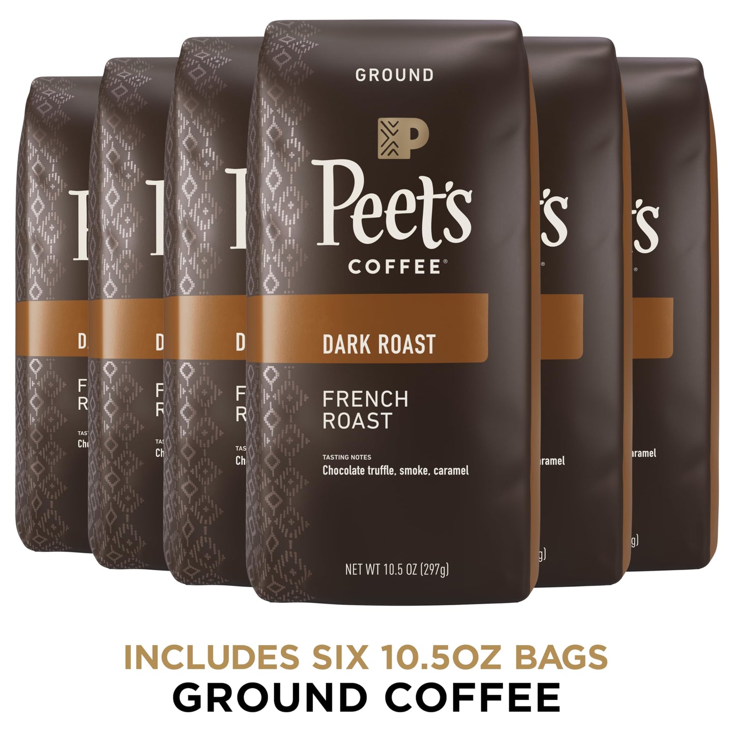 Peet's Coffee Dark Roast Ground Coffee, French Roast, 63 Ounces (6 Bags of 10.5 Ounces) - Premium Quality Brew
