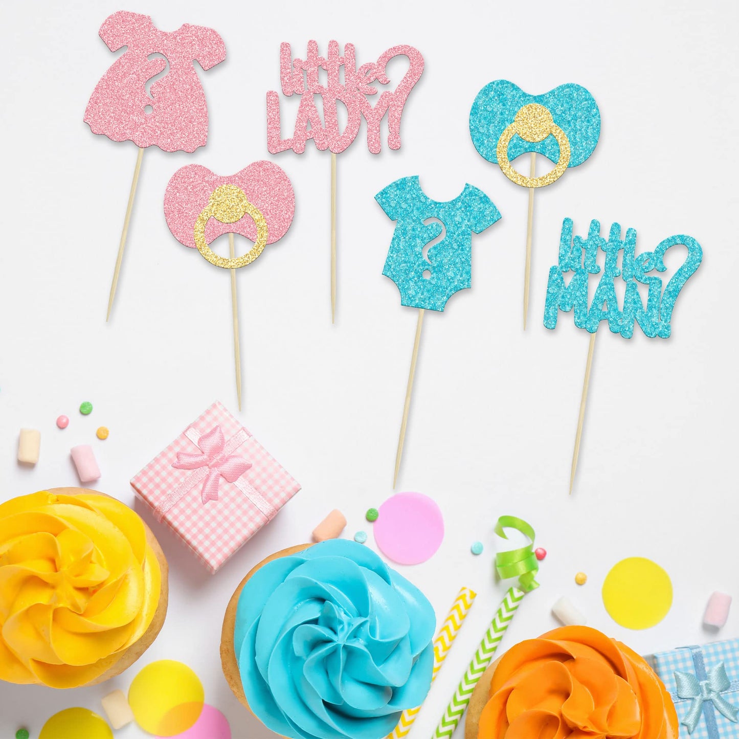 24Pcs Boy Or Girl Cupcake Toppers Glitter Gender Reveal Onesie Question Mark Cupcake Picks Little Man Or Little Lady Baby Shower