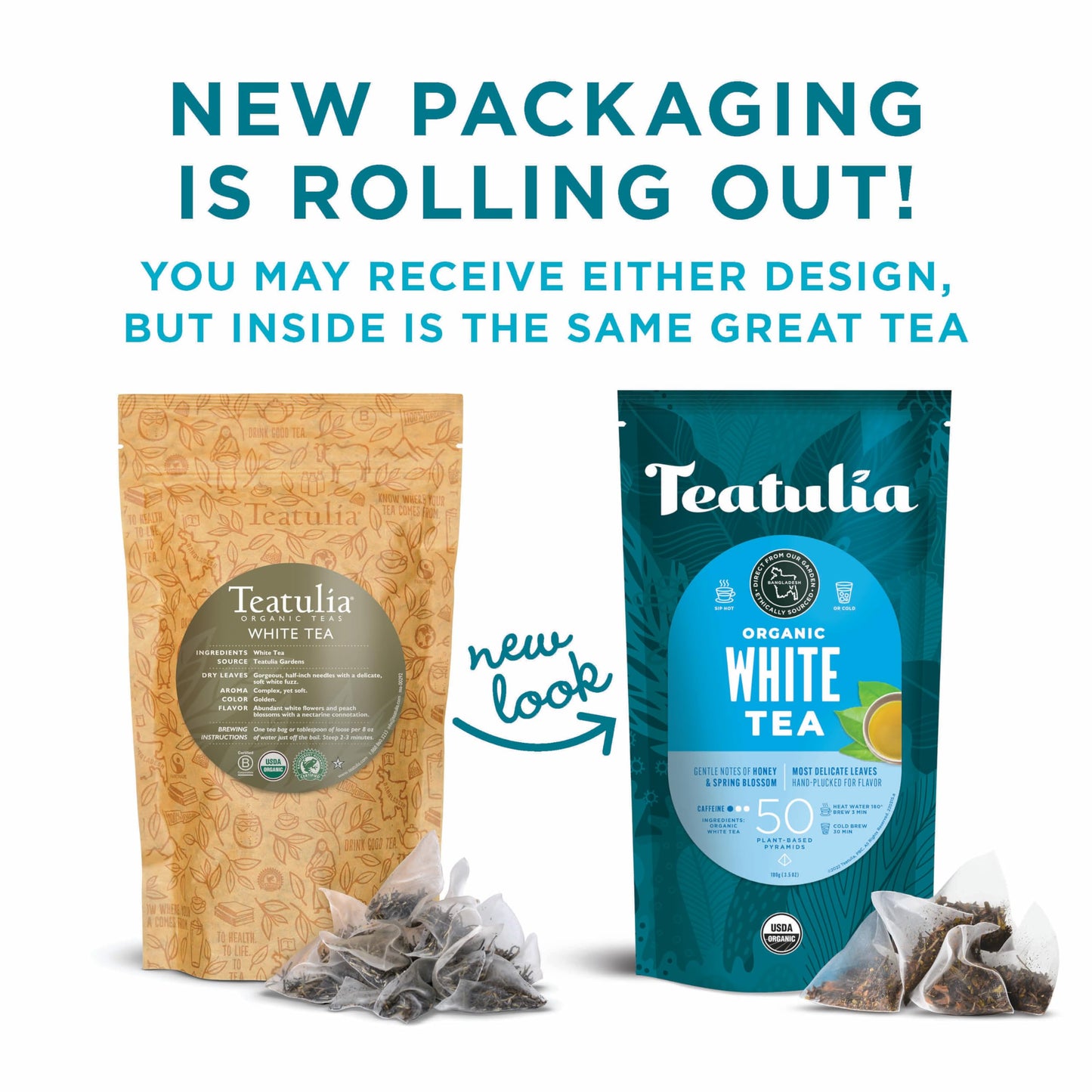 Teatulia Organic White Tea Bags (50 Pyramid Sachet Teabags) Whole Leaf Pure White Tea | 100% Compostable | Sustainably Grown In