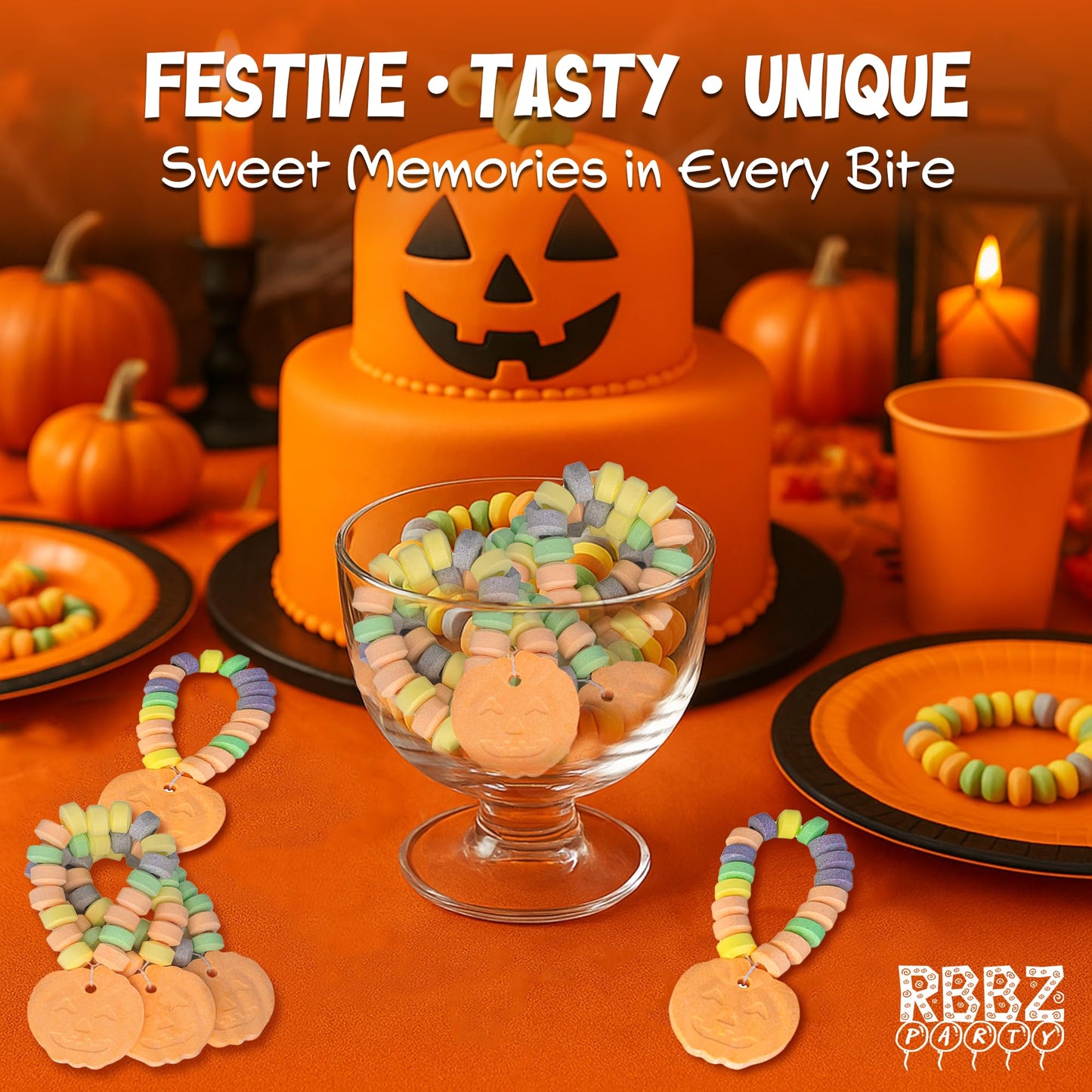 Pumpkin Candy Bracelets - 24 Thanksgiving Themed Snacks - Individually Wrapped Bulk Candy - Fall Goodies - Class Treats & Kids P