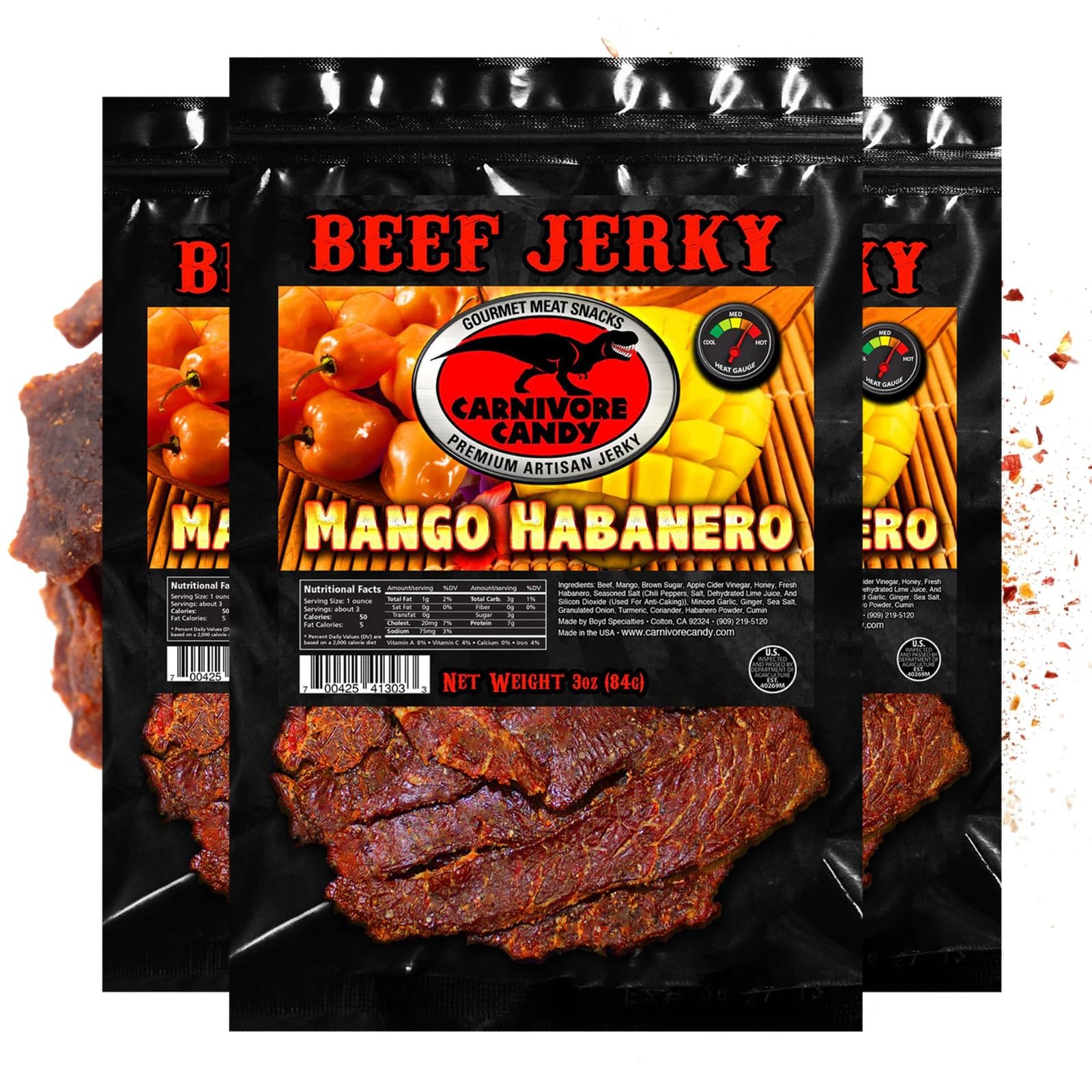 Carnivore Candy Mango Habanero Beef Jerky - No Preservatives, Low Sodium, Protein Snack, 3 Ounce (Pack of 3)
