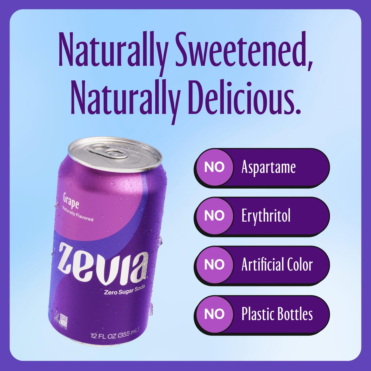 Zevia Zero Sugar Soda, Grape, 12 oz Cans (24-Pack) - Naturally Sweetened, Zero Calorie Sugar Free Soda - Non-GMO Project Verifie