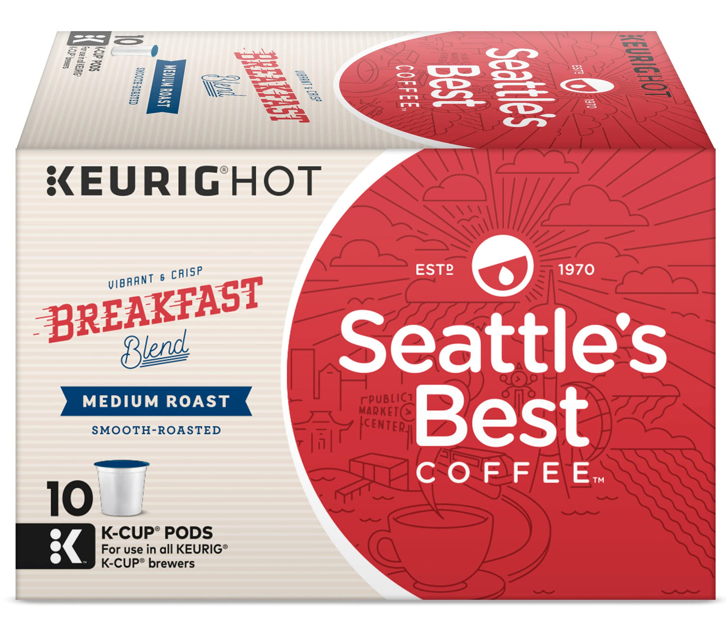 Seattles Best Coffee K-Cup Pods, Breakfast Blend, Medium Roast, 10 Count (Pack of 3), Red and White
