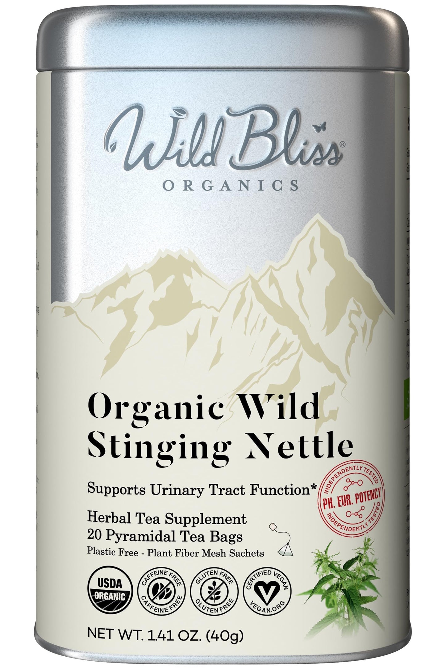 Wild Bliss Organic Stinging Nettle Leaf Tea - Caffeine Free Herbal Support - 20 Plant Based Tea Bags