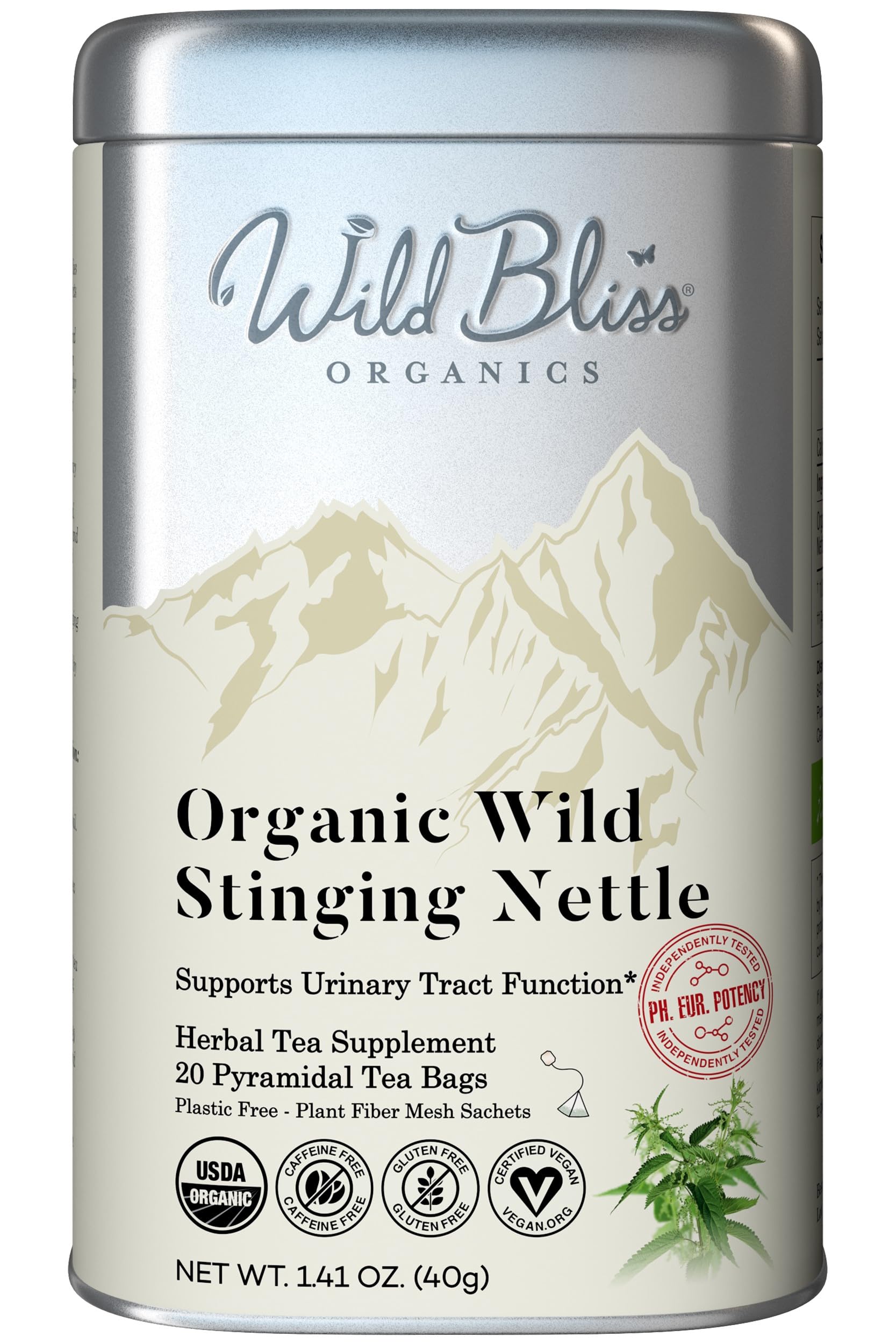 Wild Bliss Organic Stinging Nettle Leaf Tea - Caffeine Free Herbal Support - 20 Plant Based Tea Bags